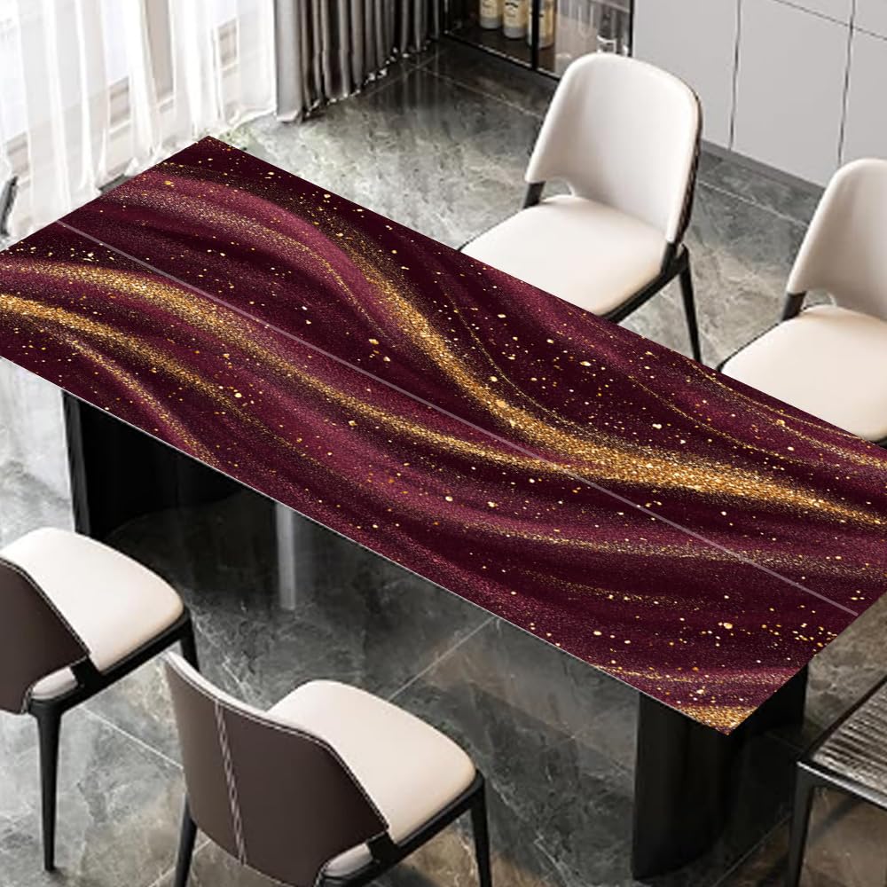 Maroon Gold Sparkle Desk Sticker, Glamorous Wavy Abstract Desktop Decor, Waterproof Table Surface Protector for Home Office, 39.37x23.62 Inch