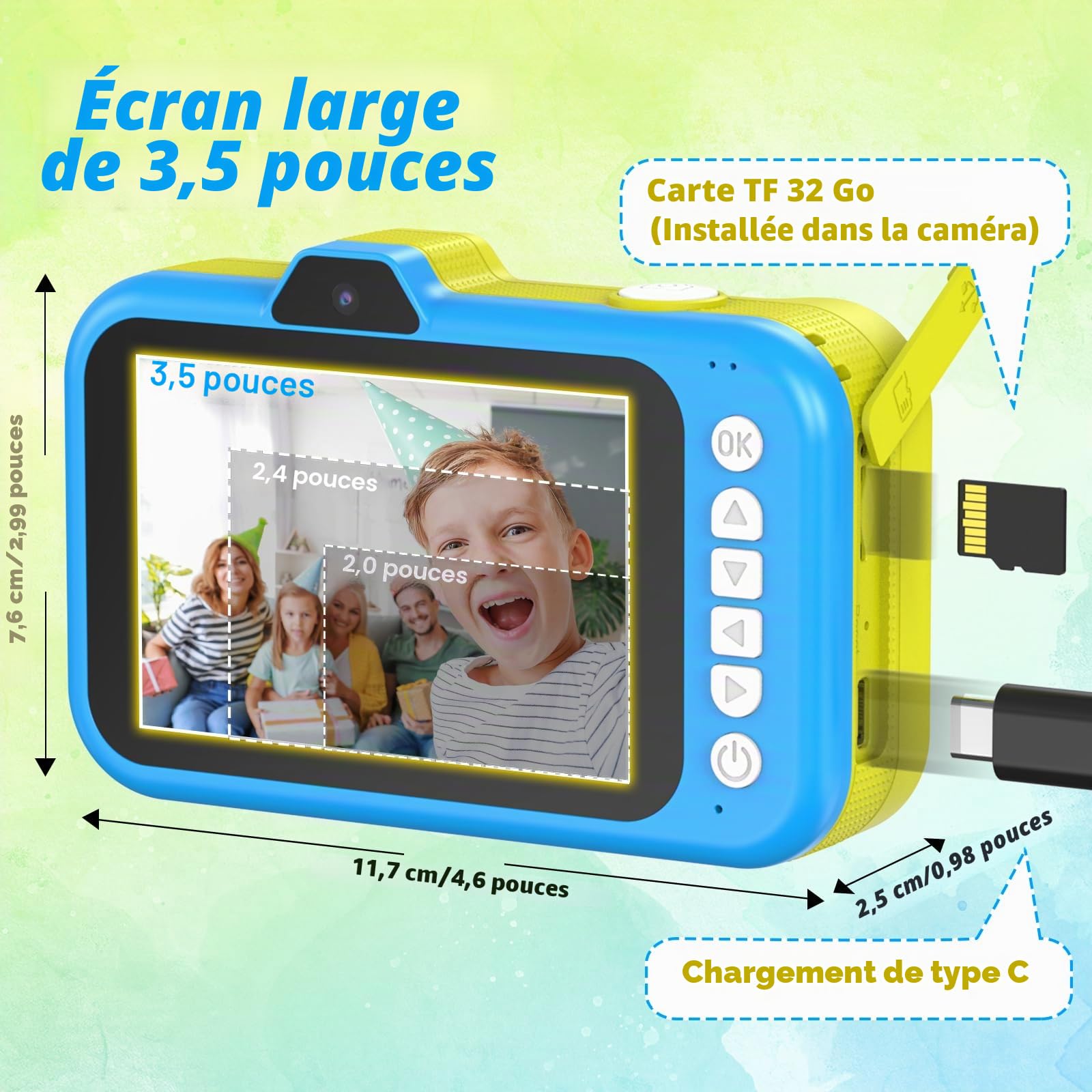 Ushining Appareil Photo Enfant, 3,5 Pouces Grand Écran 1080P Appareil Photo Numérique Enfant avec Objectif Zoom Rotatif à 360° Flash LED Carte de 32 Go, Caméra Vidéo Cadeau pour Enfants 3 à 12 Ans