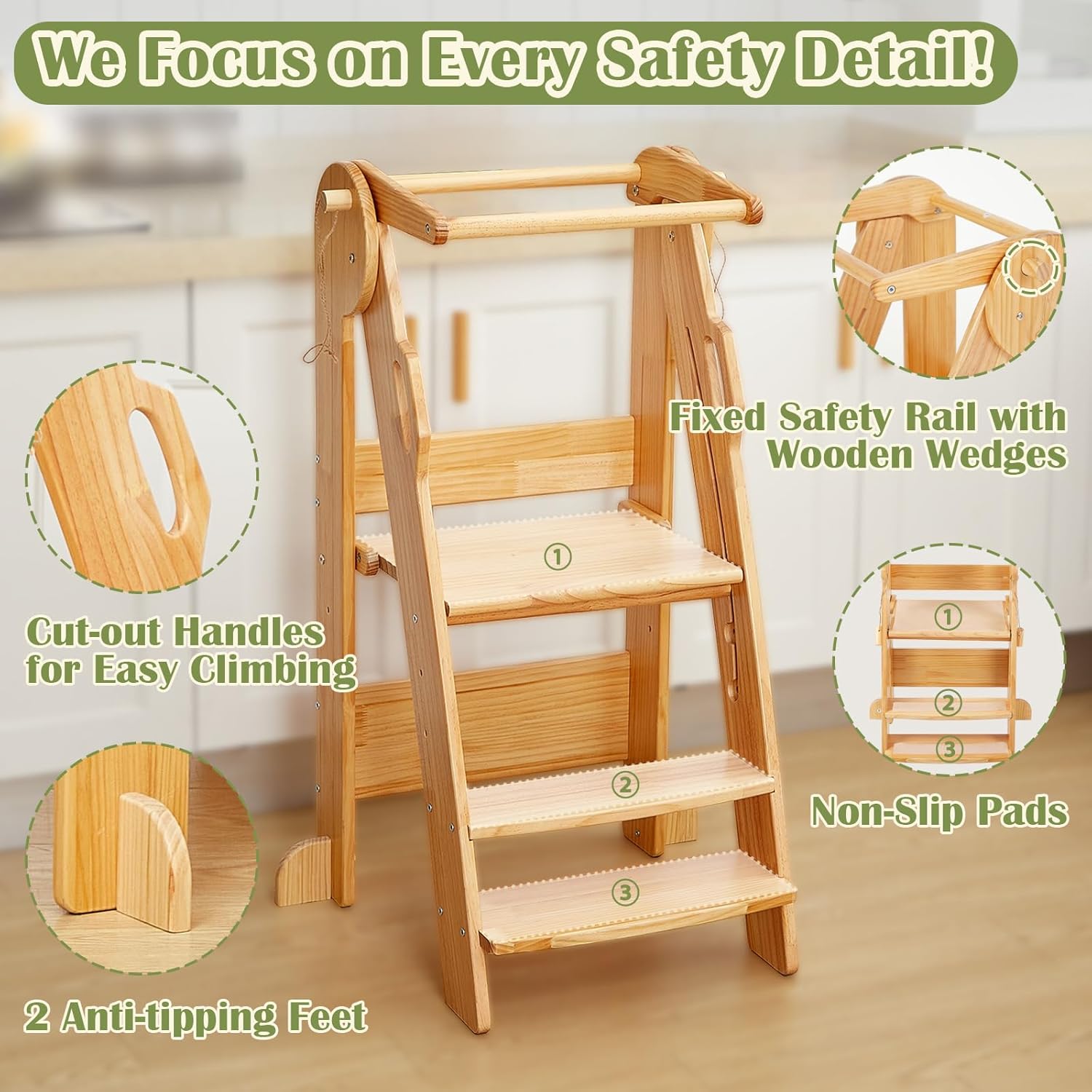 Close-up views of the safety features of the FUNLIO Learning Tower, including cut-out handles, fixed safety rail with wooden wedges, anti-tipping feet, and non-slip pads on the steps.