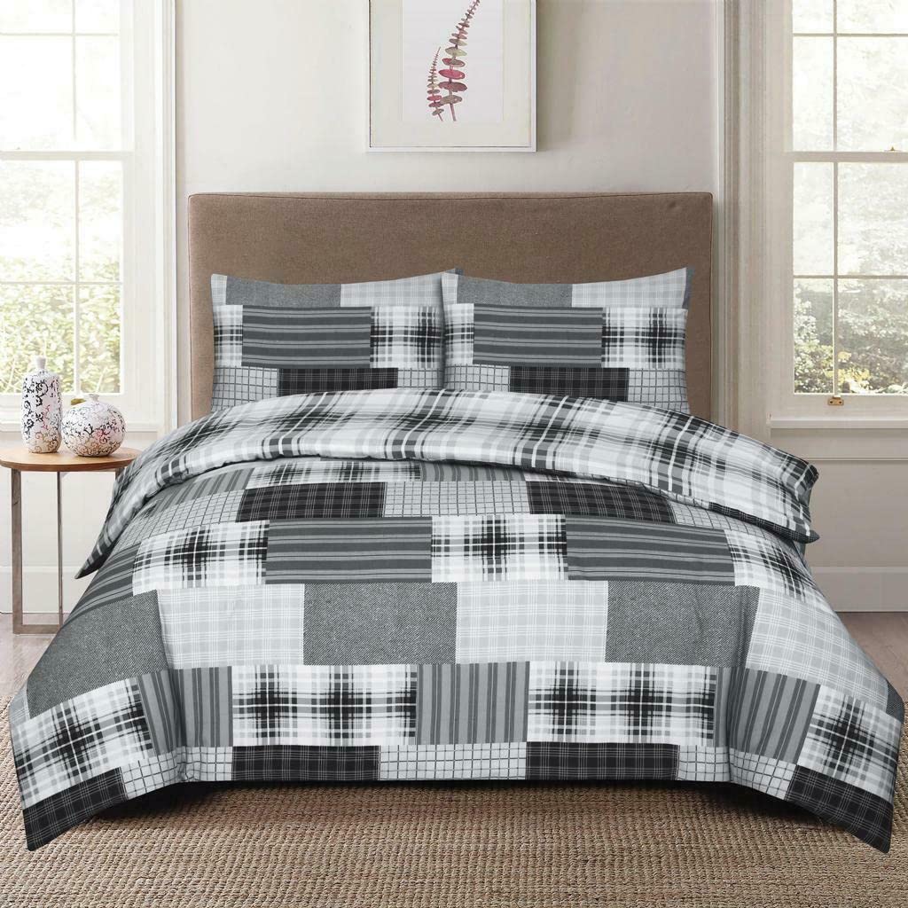 SHAZ HOME Classic Designers Luxury Printed Bedding Set Quilt Cover with Fitted Sheet and Pillowcases 4 Piece Complete Duvet Set (Check Denim Grey, Super King) — image 1