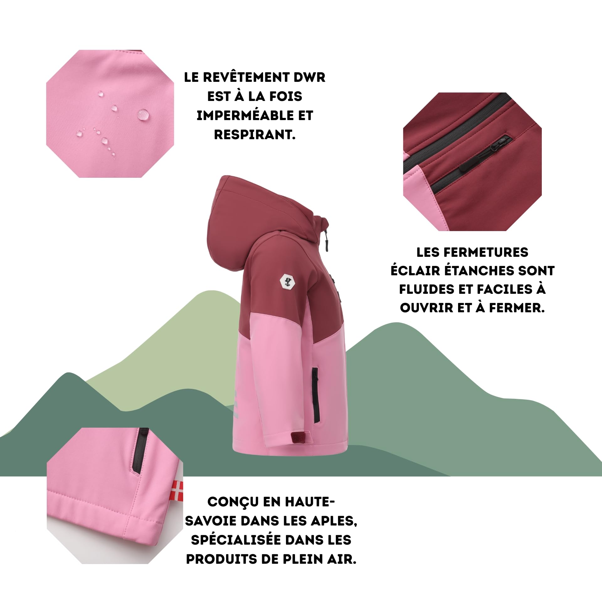 Veste softshell coupe‑vent imperméable avec capuche pour enfants filles et garçons, Doublure en polaire pour printemps automne en plein air. Matière Imperméabilité de 5000mm sans PFC.