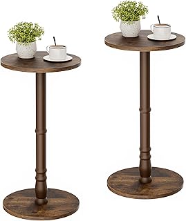 Round Side Tables Set of 2, Solid Wood Pillar with Wood Top & Base, Small Drink Accent Table for Living Room, Bedroom, Sofa & Office, Easy Assembly, Rustic Brown