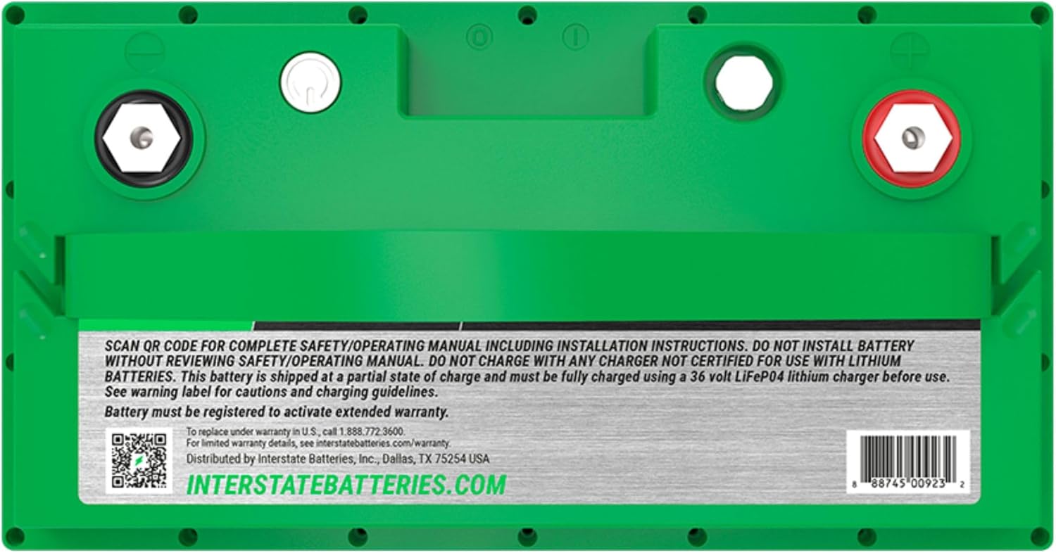 Interstate Batteries 36V 50Ah Group Size 31M Lithium Marine/RV Deep Cycle LiFePO4 Battery, Maintenance Free, Lightweight, Ideal For Boats, Trolling Motors, RV Camping, Off-Grid, Yachts (Li31M36V50)