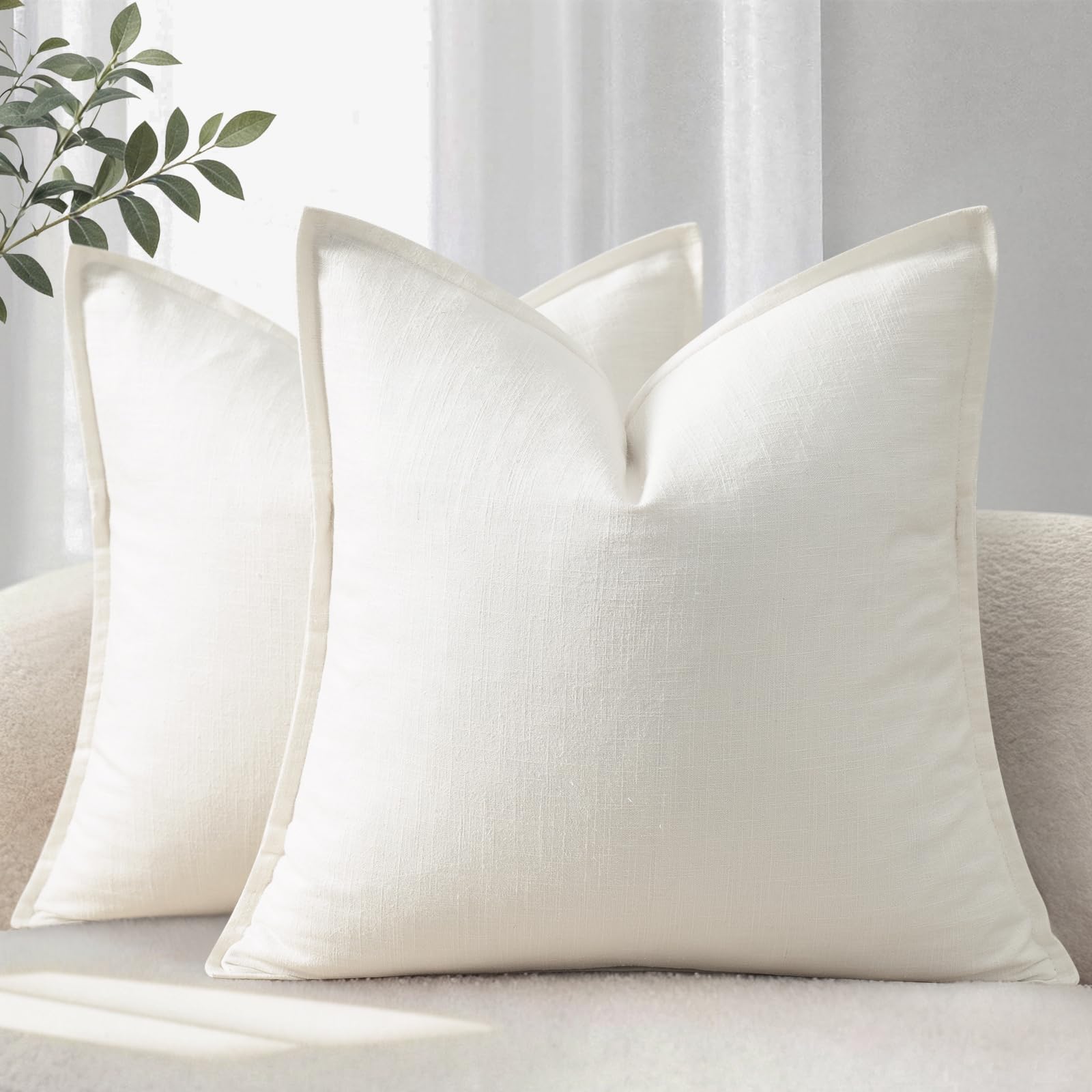 YCOLL Cushion Covers 30x50 cm Set of 2 – Soft Natural Linen Cushions with Trim, Solid Colour Decorative Cushion Cover for Sofa, Couch, Bed and Living Room, Cream White