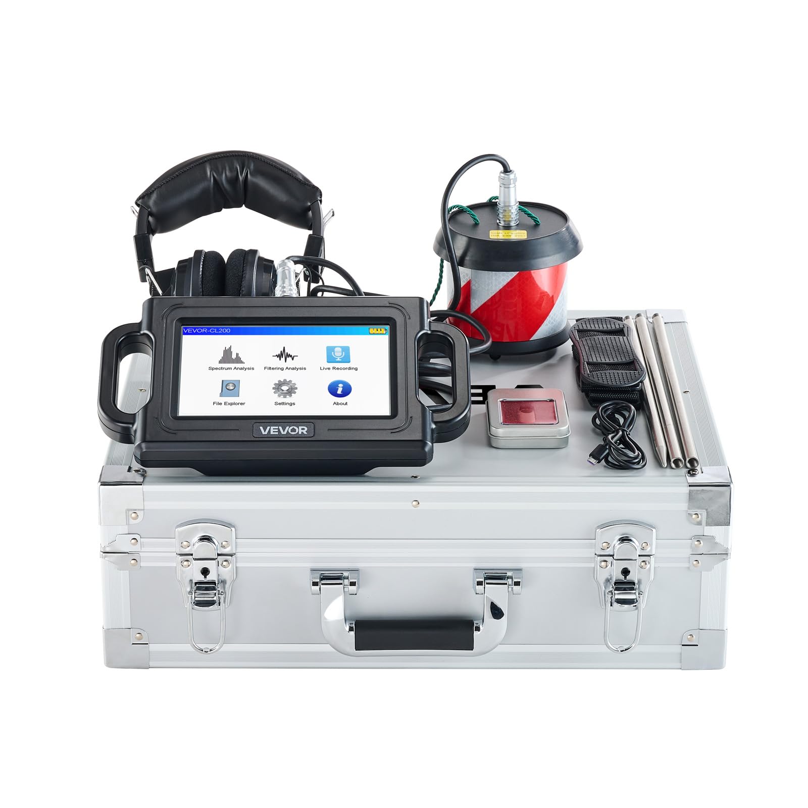VEVOR Détecteur de Fuite d'eau Canalisations Souterraines Profondeur 2 m, 1-5000 Hz, Écran Tactile LCD, avec Capteur Sensible, 3 Sondes d'Écoute, Casque, Carte 8 Go, Étui de Transport, pour Plomberie
