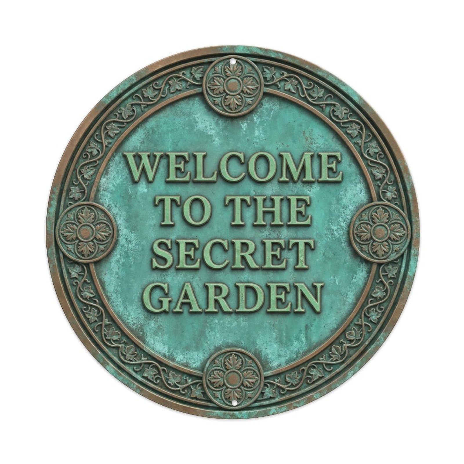 Vintage Welcome Secret Garden Leafy Embossed Metal Tin Sign