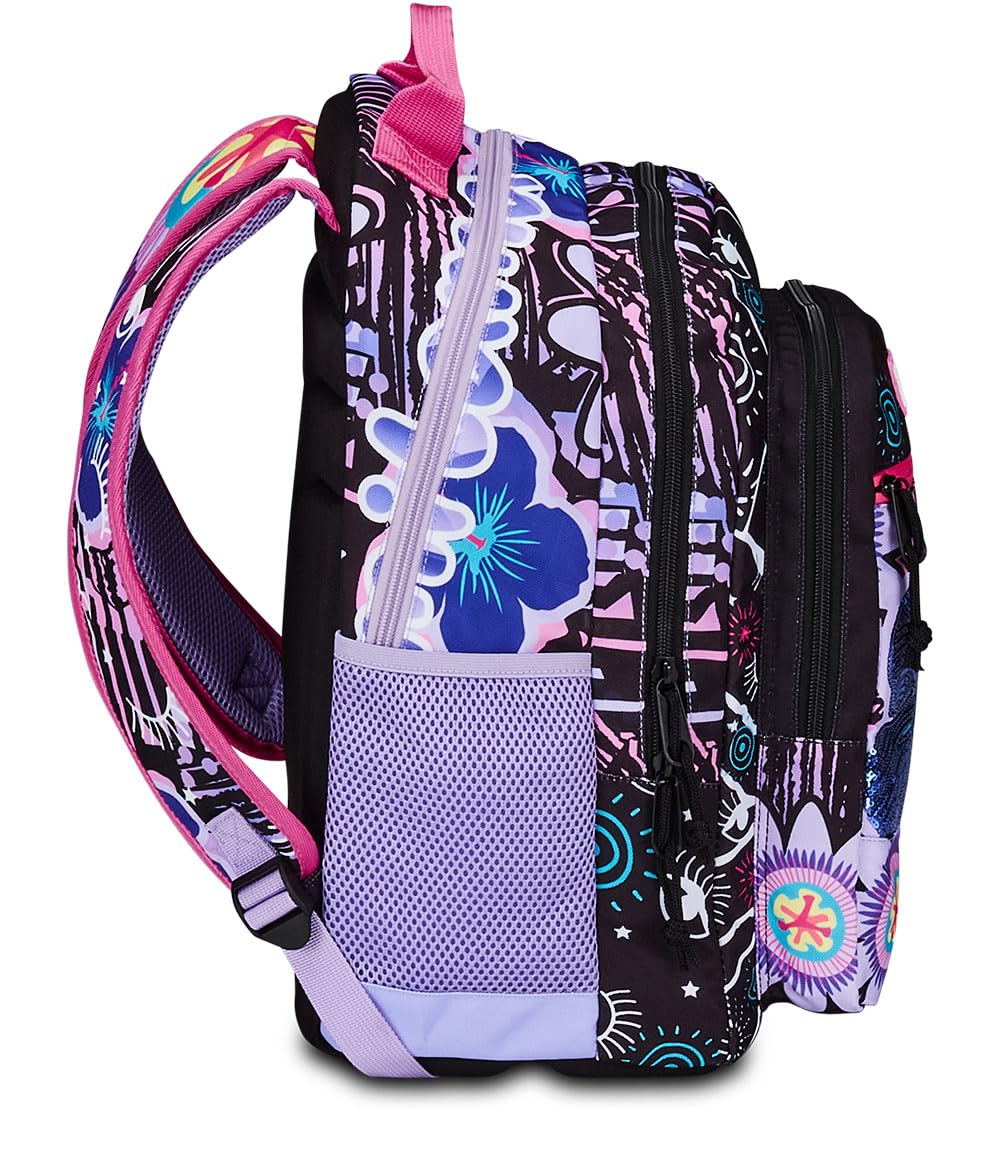 Mitama Zaino Triplo Scomparto Flower Fashion con Tasca frontale, Viola e Nero, Scuola Elementare e Tempo Libero, Bambina Ragazza