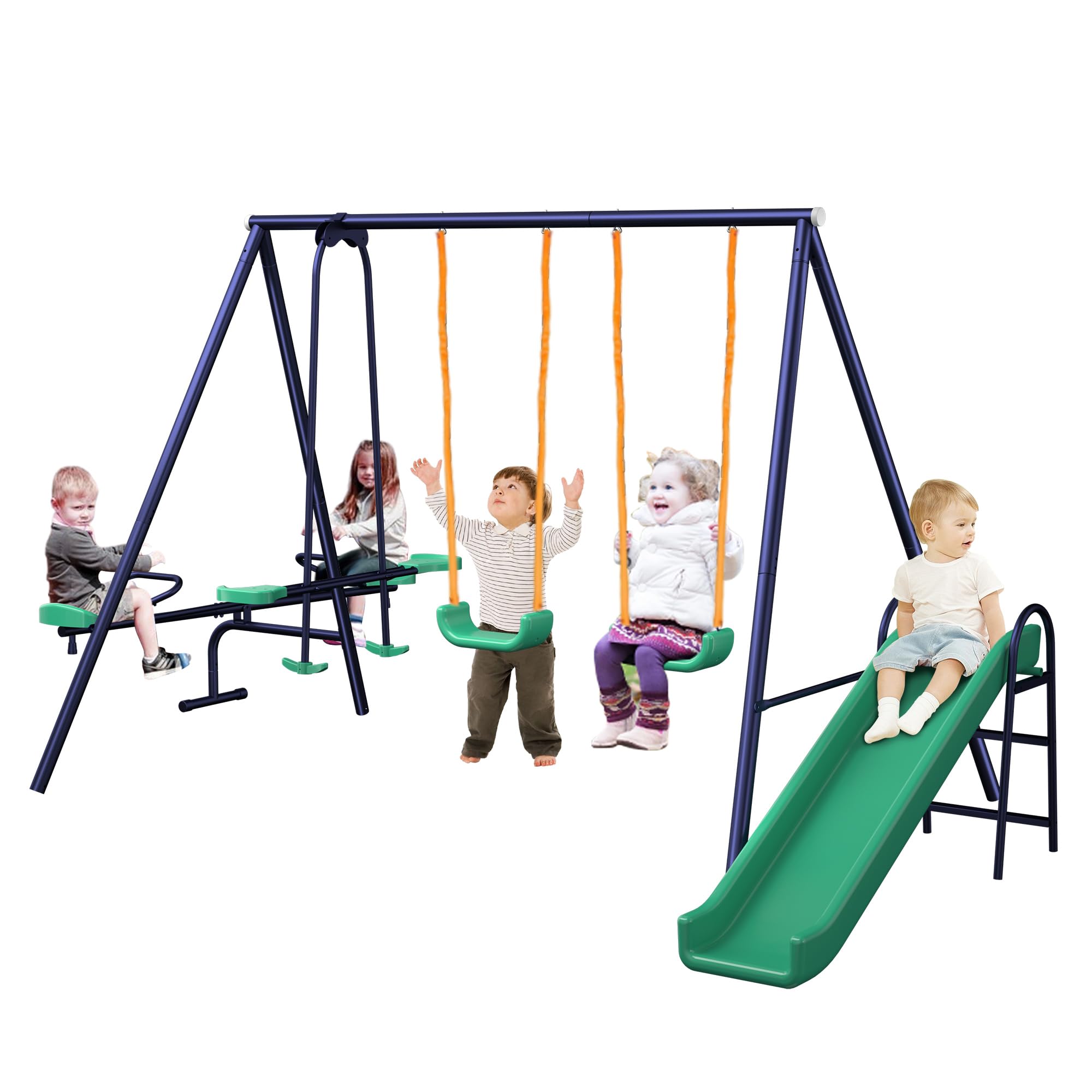 Dithoko 4 in 1 Multifunction Kids Swing Set, Metal for Backyard, Outdoor Heavy Duty Extra Large Frame with 2 Adjustable Swing, 1 Glider, 1 Slide and 1 Teeter-Totter