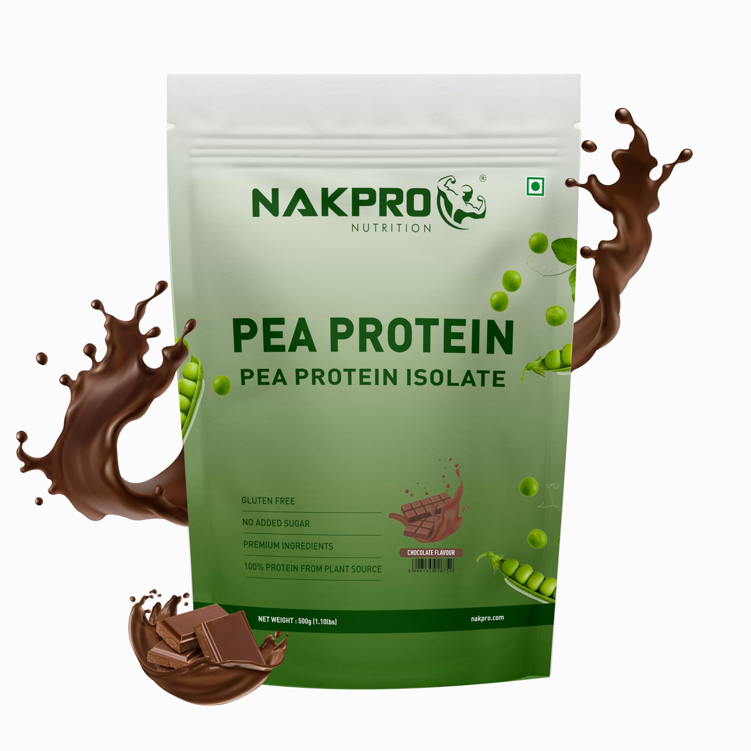 NAKPRO 100% Pea Protein Isolate, Chocolate - 500g | 26g Protein, 4.9g BCAA | Natural Vegan Plant Protein Powder | Easy To Digest | All Essential Amino Acids for Muscle Gain and Recovery