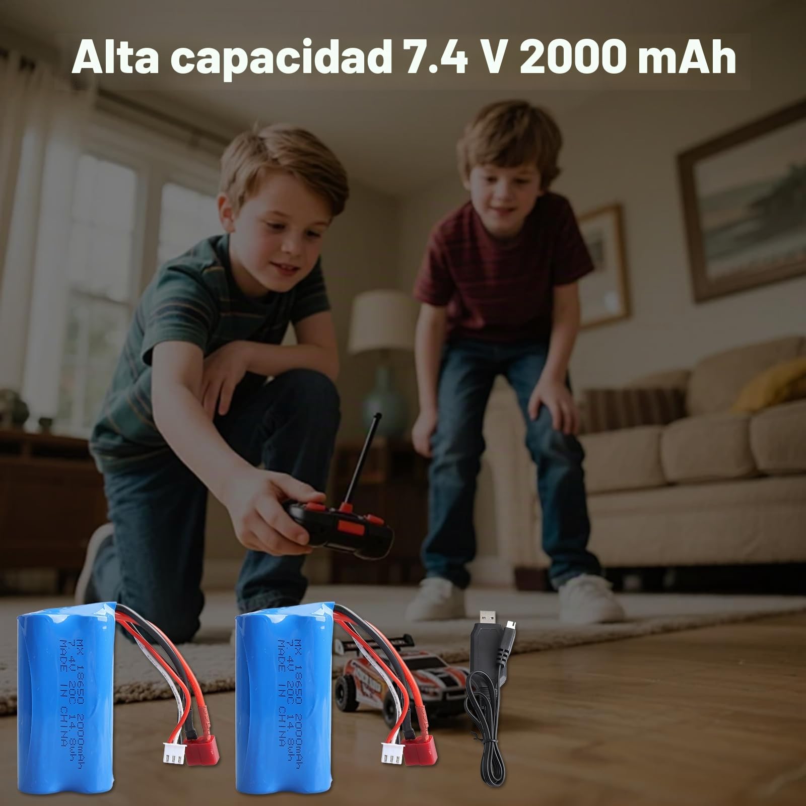 Batería RC 2S de 7,4V 2000 mAh de Iones de Litio con Conector JST, Batería Lipo 2S con Cargador USB para Helicópteros, Coches, Camiones y Barcos RC