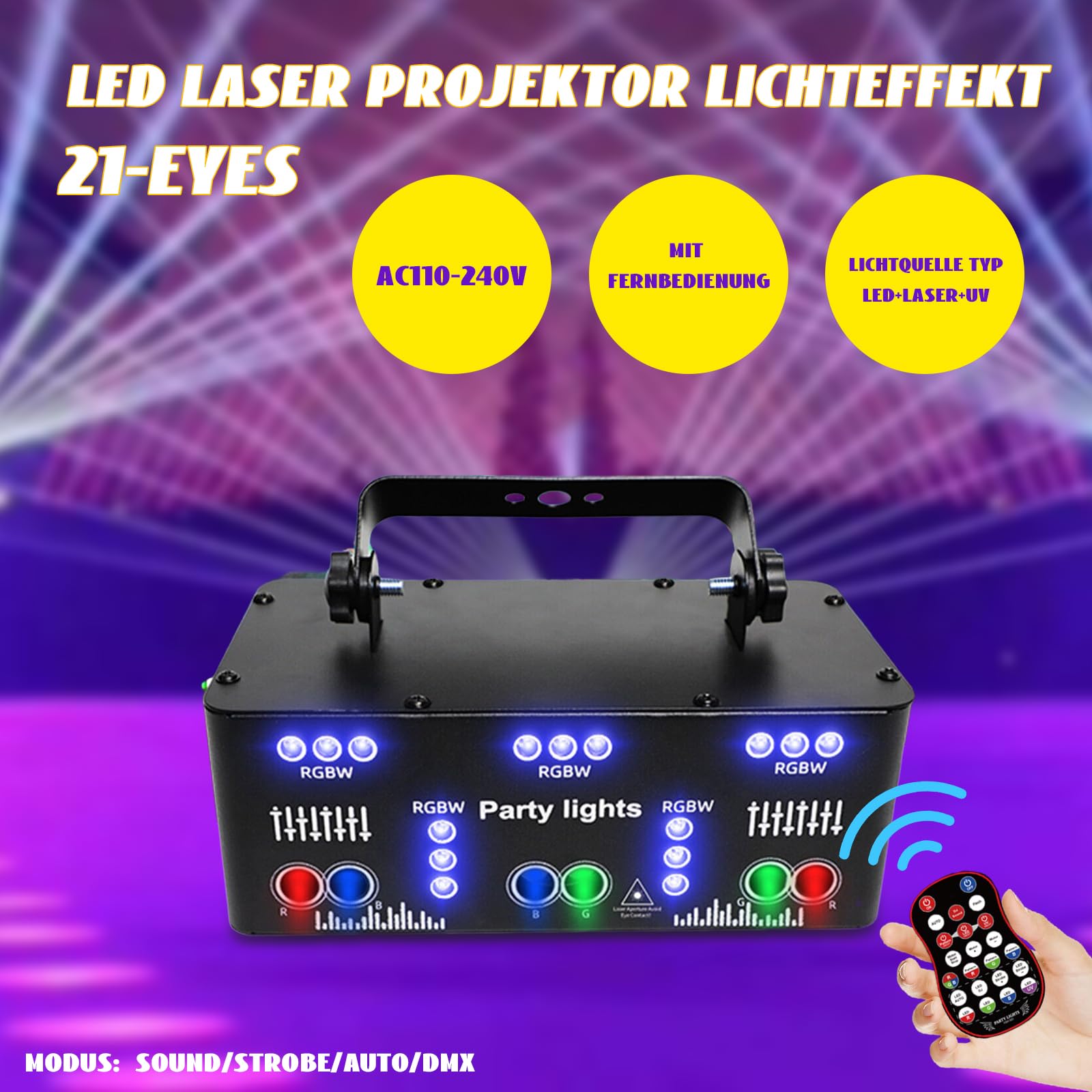 Discolicht Partylicht, 21 Eyes LED RGB Licht DJ Disco Bühnenbeleuchtung Laser Licht, DMX Effektstrahler mit Fernbedienung für Bar KTV Club Live Show