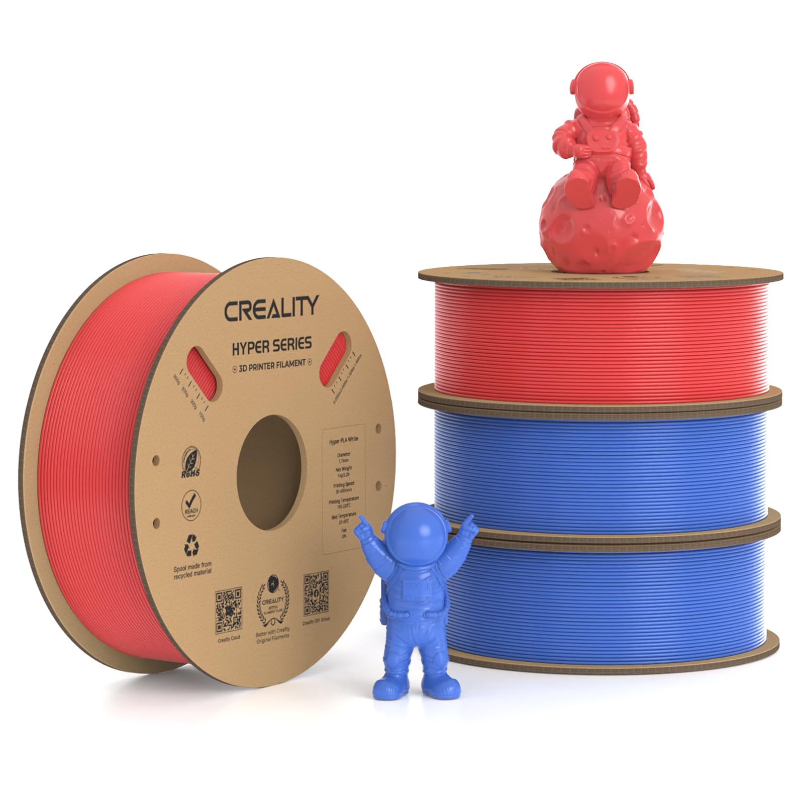Creality Hyper PLA Filament 1.75mm, 30-600mm/s High Speed 3D Printer Filament, Dimensional Accuracy +/-0.02mm, Fit Most FDM 3D Printers, 4 Pack 1kg Spool(2.2lbs), Red & Blue
