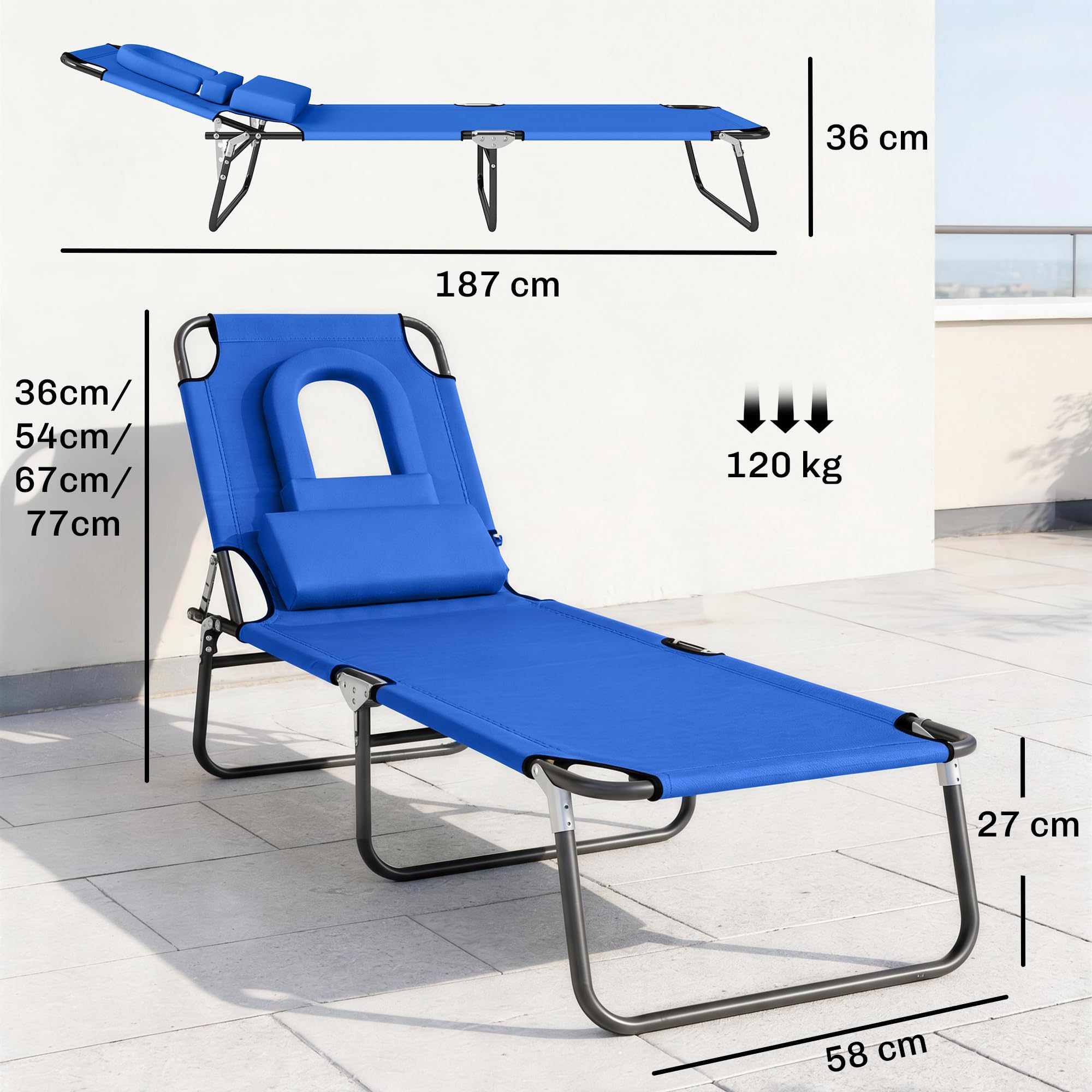 Outsunny Tumbona Plegable con Respaldo Regulable en 4 Posiciones Tumbona de Jardín con Orificio de Lectura Almohada Marco Metálico y Tela Oxford para Playa Terraza Carga 120 kg 190x56x28 cm Azul