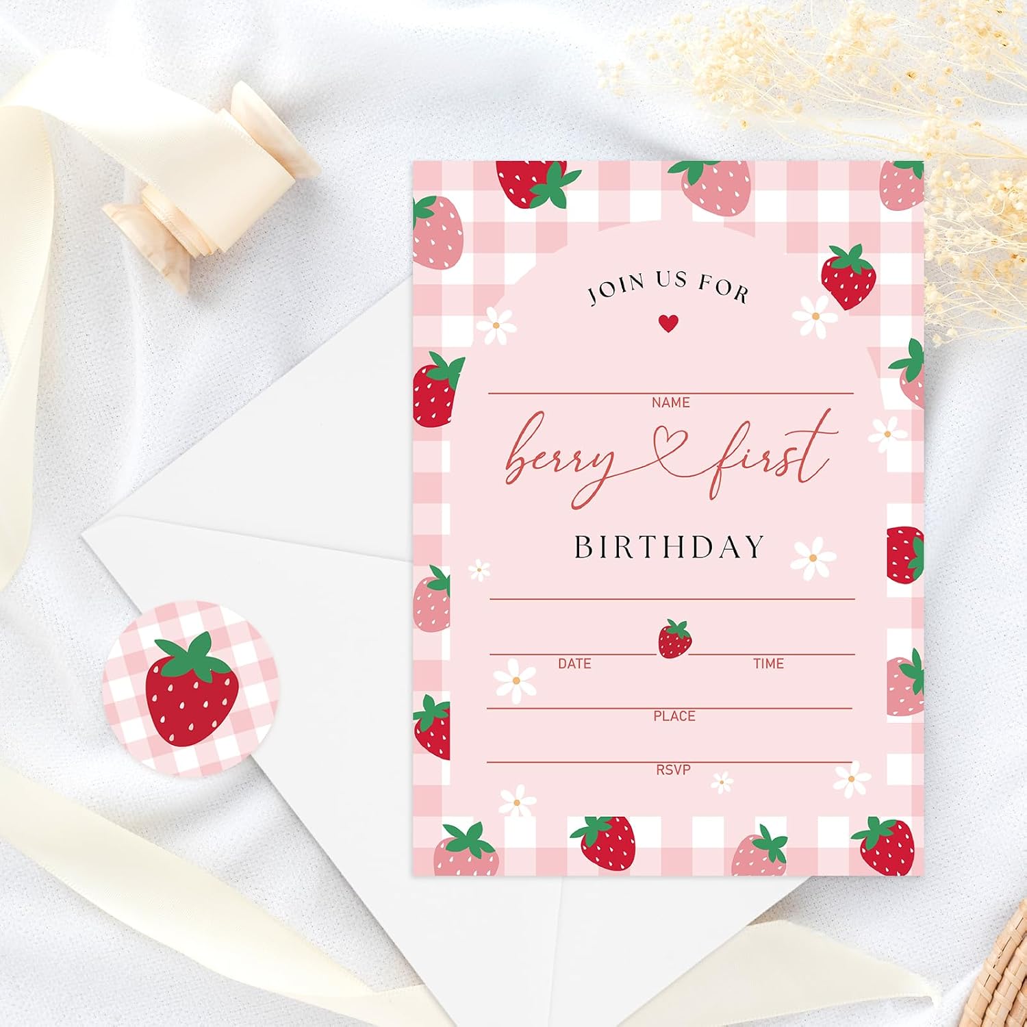 Whaline 25 Pack Berry First Birthday Invitations Pink Plaid Strawberry Party Invitation Paper Cards Strawberry Invites with Envelopes Stickers For Party Supplies