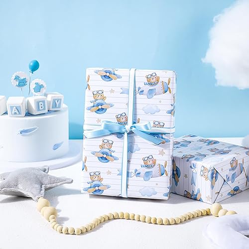Miniatura 6 de WRAPAHOLIC Rollo de papel de regalo para baby shower mini rollo 3 rollos 17 x 120 pulgadas por rollo diseño de mariposa niña oso luna rayas para