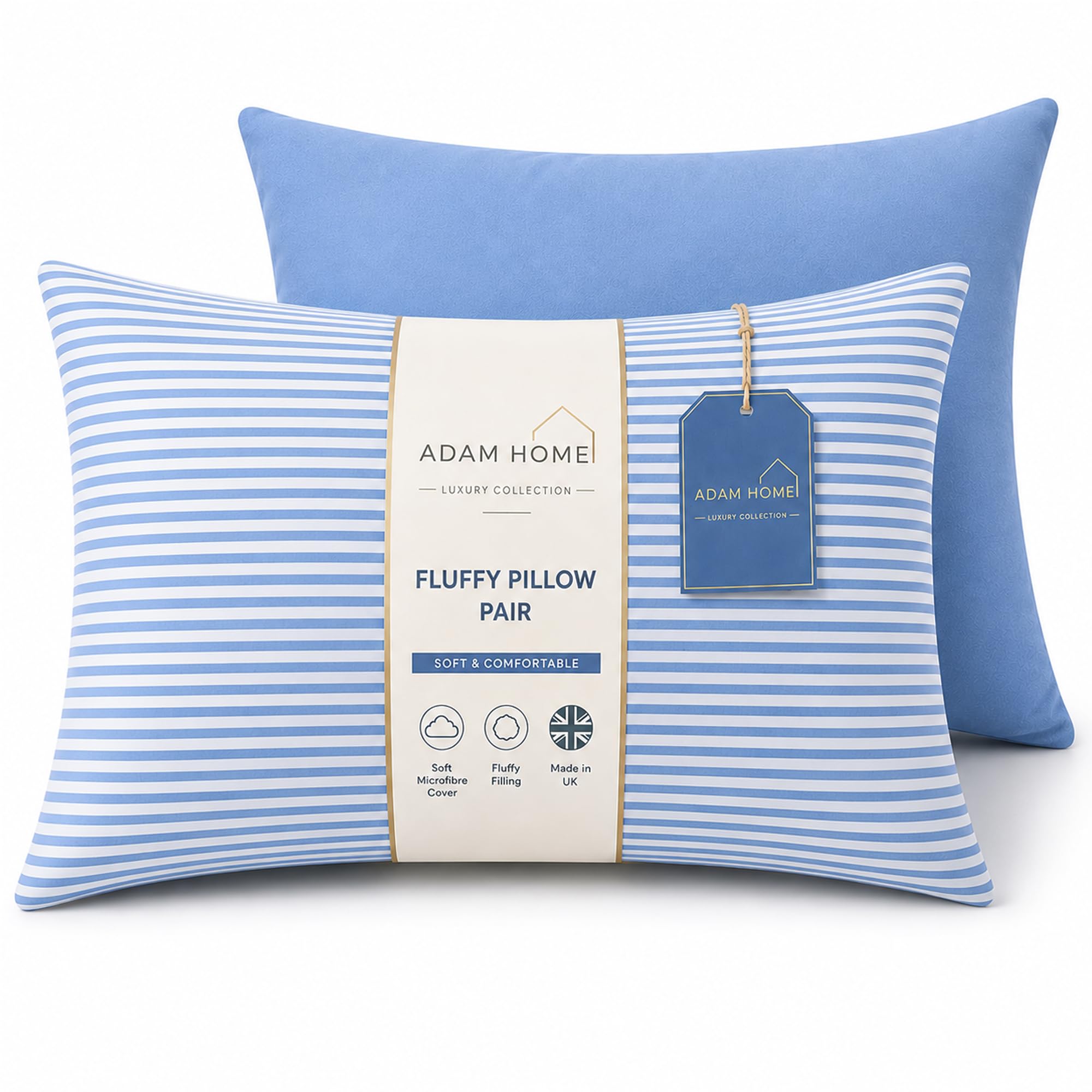 Adam Home Pillows 2 Pack Hotel Quality Stripe Bed Pillows Hypoallergenic & Anti Dust Mite Resistant Firm Support Side Sleeper Bounce Back Pillow|Blue
