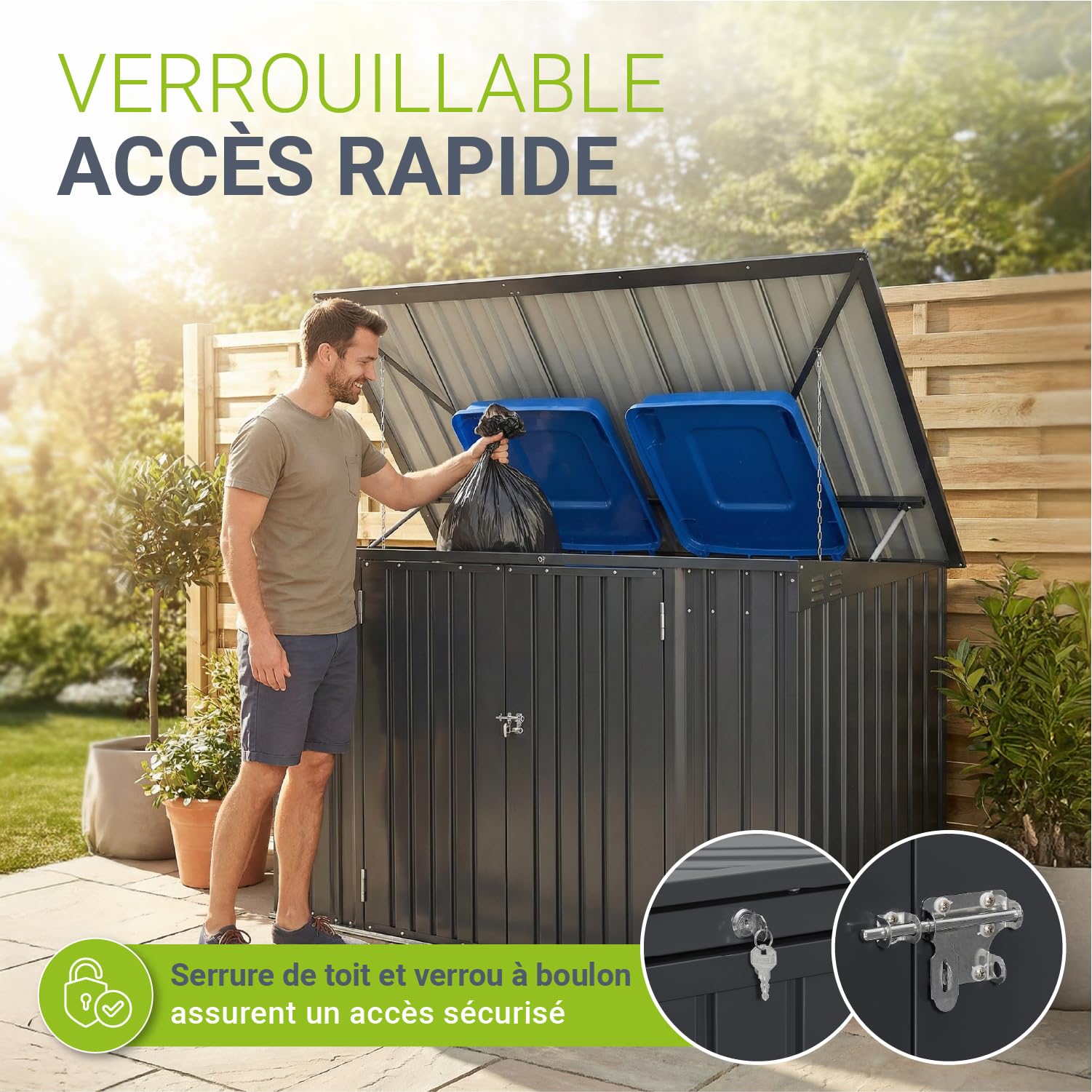 Juskys Conteneur pour 3 poubelles Namur 3 bacs de 120 litres – 2 m² – 2 Portes – Coffre, boîte, boîtier de Rangement Gris