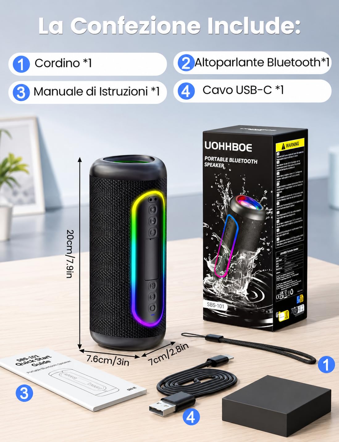 UOHHBOE Cassa Bluetooth Portatile 30W, Bluetooth 5.4 TWS Stereo Fino a 30 Ore di Riproduzione IPX5 Impermeabile, Luci LED Ritmiche USB/AUX/TF Ideale per Viaggi Casa e Outdoor