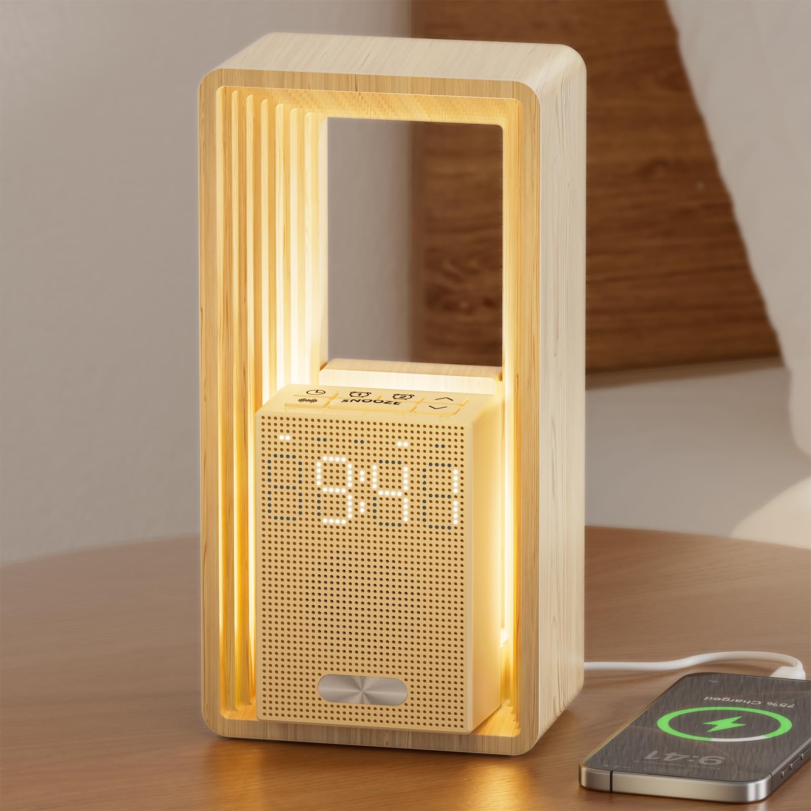Nachttischlampe mit USB-Ladeanschluss & Uhr, Dual-Alarm mit Aufwachlicht & Schlummerfunktion - 9 Schlafgeräusche Nachtlicht, Timer & Dimmbares Display Nachttischleuchten für Schlafzimmer, Deko