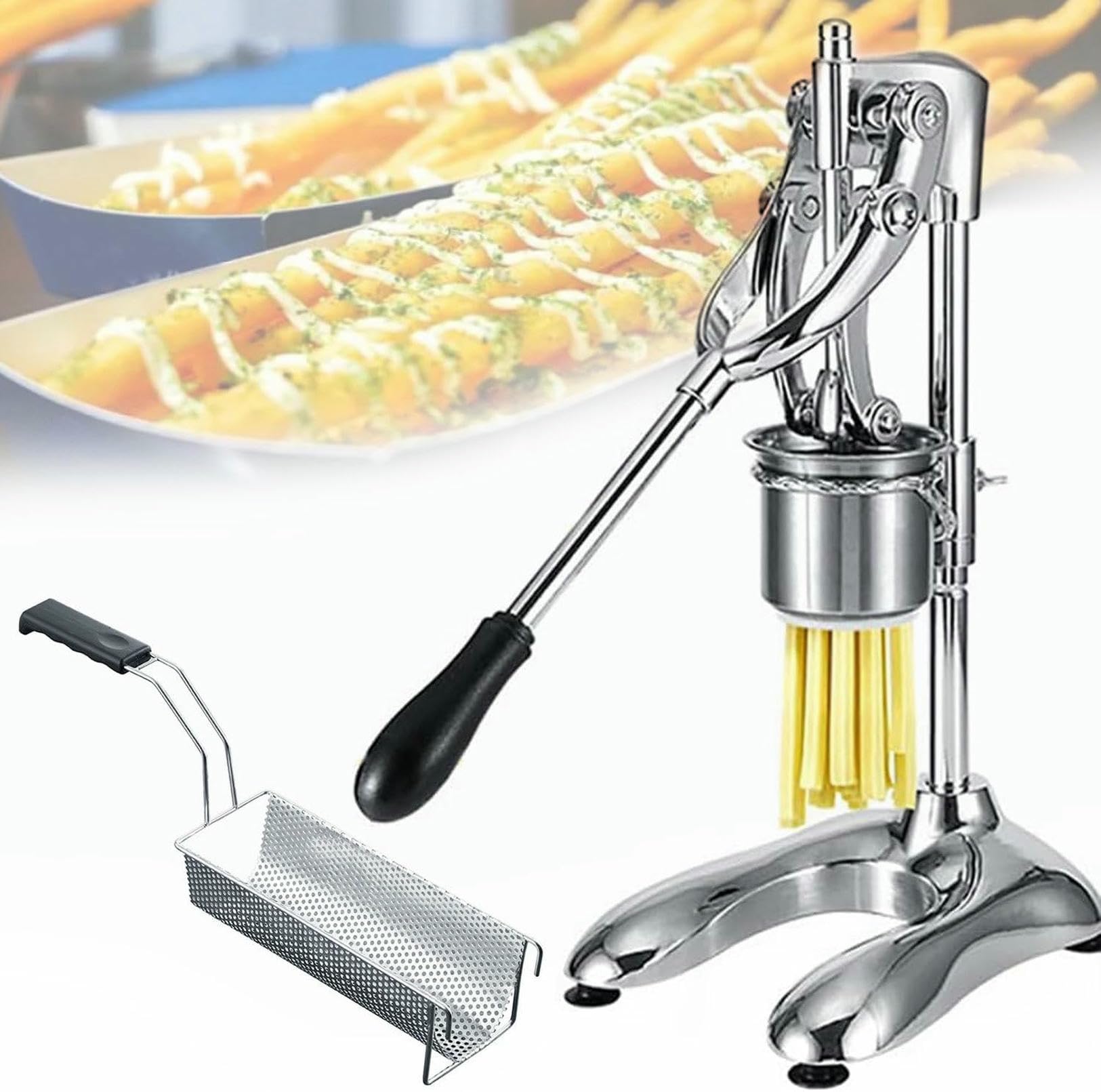 AYCDL Manual French Fries Maker - Stainless Steel Potato Cutter with Fried Basket, 30cm Long Fries Squeezer with 12 Holes for Perfect Potato Strips