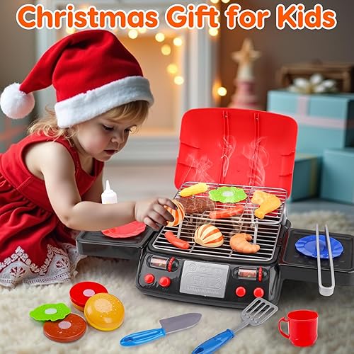 Miniatura 8 de Juego de parrilla para niños, juguetes de cocina con sombrero de delantal para cocinar alimentos, luz de humo, accesorios de juego de simulación al