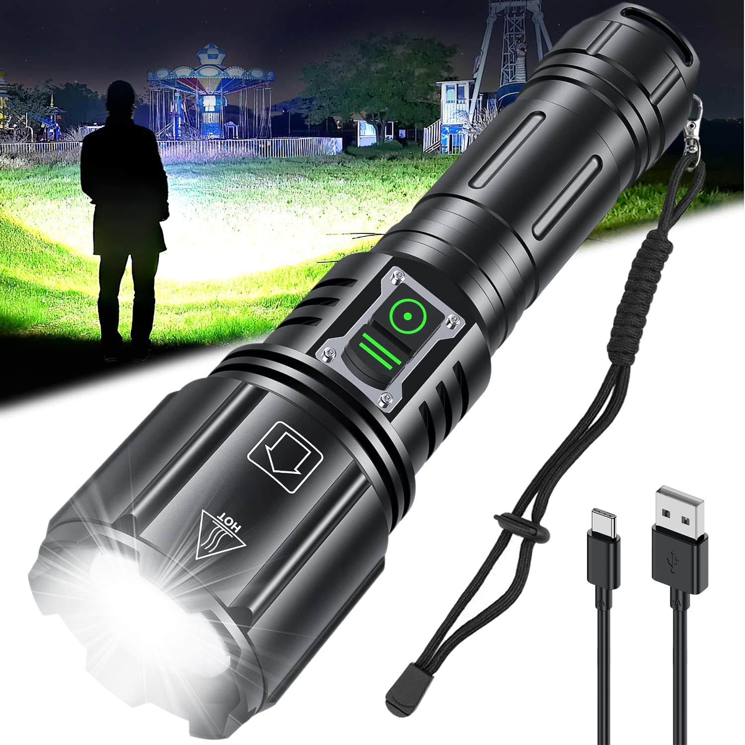 Gehavin Rechargeable LED Flashlight,120000 Lumens Super Bright XHP160 Flashlight with 6 Modes, Waterproof, Zoomable, Fast Charging,Ideal for Camping and Emergencies