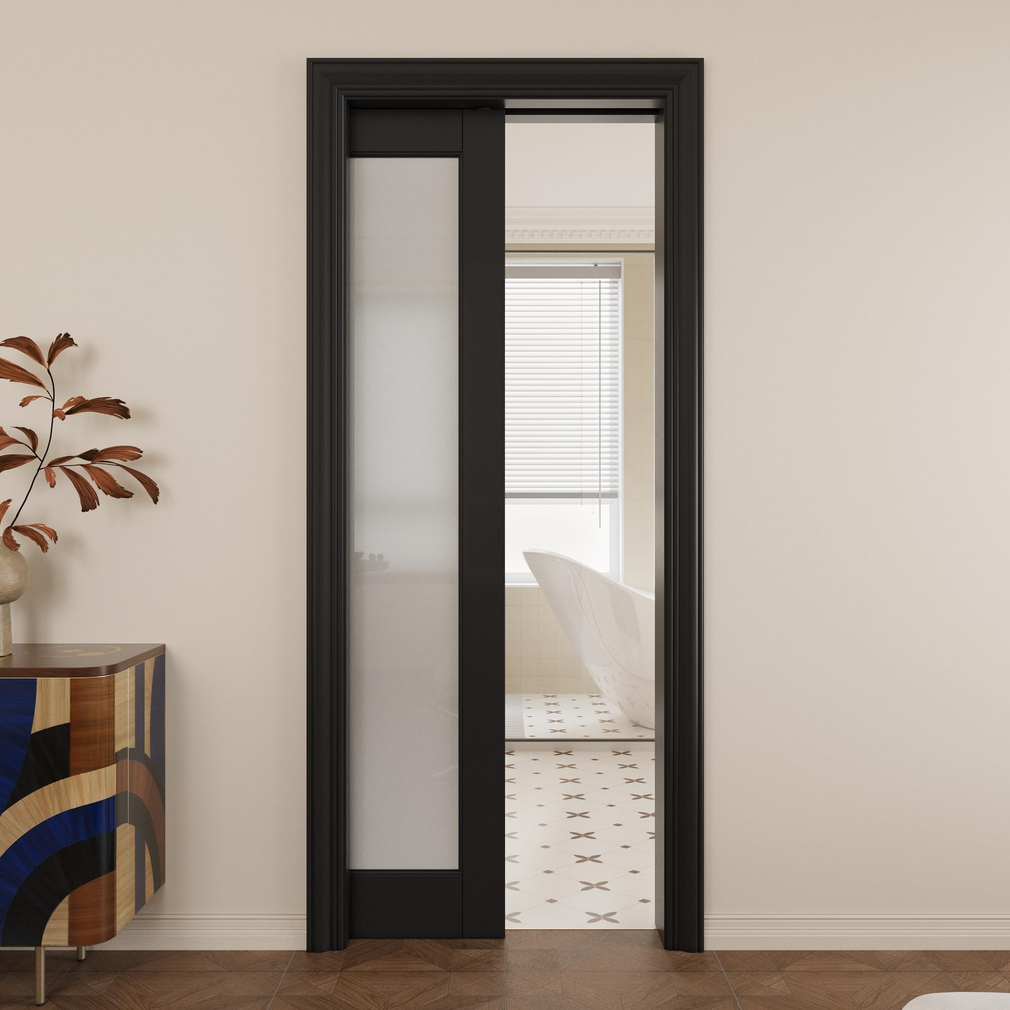 Double Pocket Door,Black Frosted Glass Doors,Solid Door,28x80