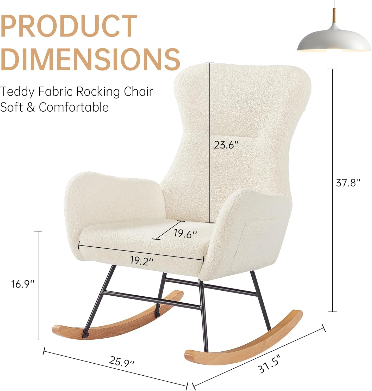 DKLGG Nursery Rocking Chair, Soft Teddy Fabric Rocking Chair Padded Seat with High Backrest for Nursery, Comfy Wingback Glider Rocker with Solid Wood Base for Living Room Bedroom(Beige)