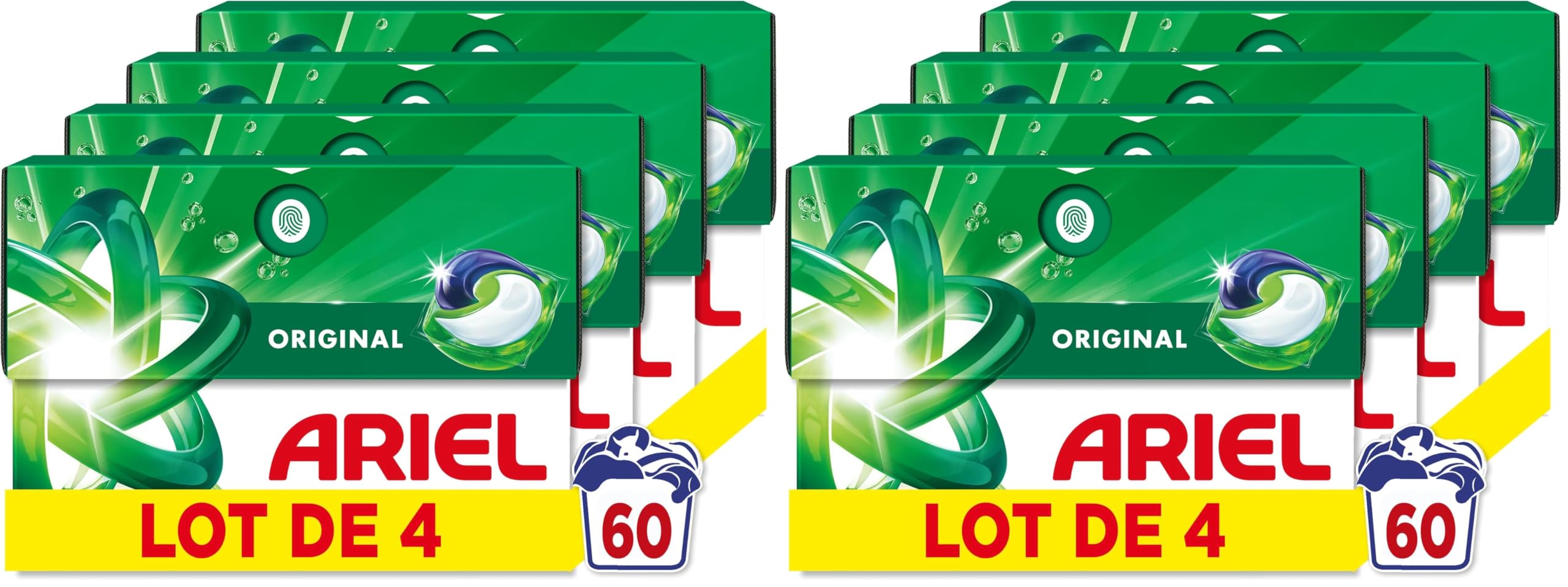 Ariel Pods 3en1 Original, Lessive en Capsules, 60 Lavages (15x4), Action Détachante En 1 Seul Lavage, Dissolution Rapide Même à Froid, Fabriqué en France (Lot de 2)