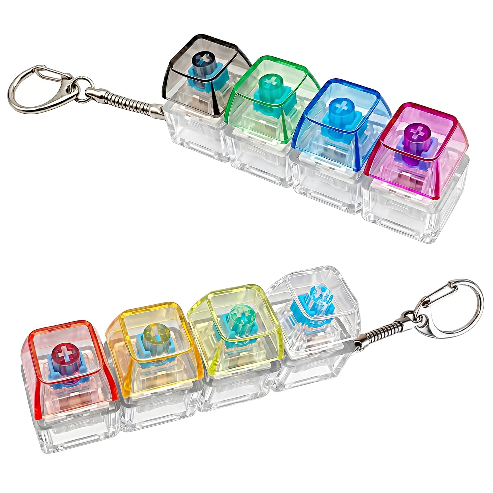 2 Pack Transparent Mechanical Keyboard Fidget Toy, Clear Keycap Clicky Switch Decompression Toy, Portable Keyboard Keychain Clicker for Stress Relief and ADHD