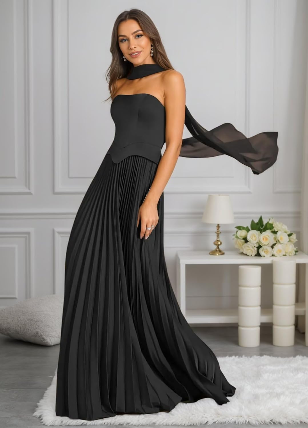 Strapless Satin Bridesmaid Dresses for Women A-Line Ruched Backless Corset Long Wedding Guest Dress with Scarf - Image 7