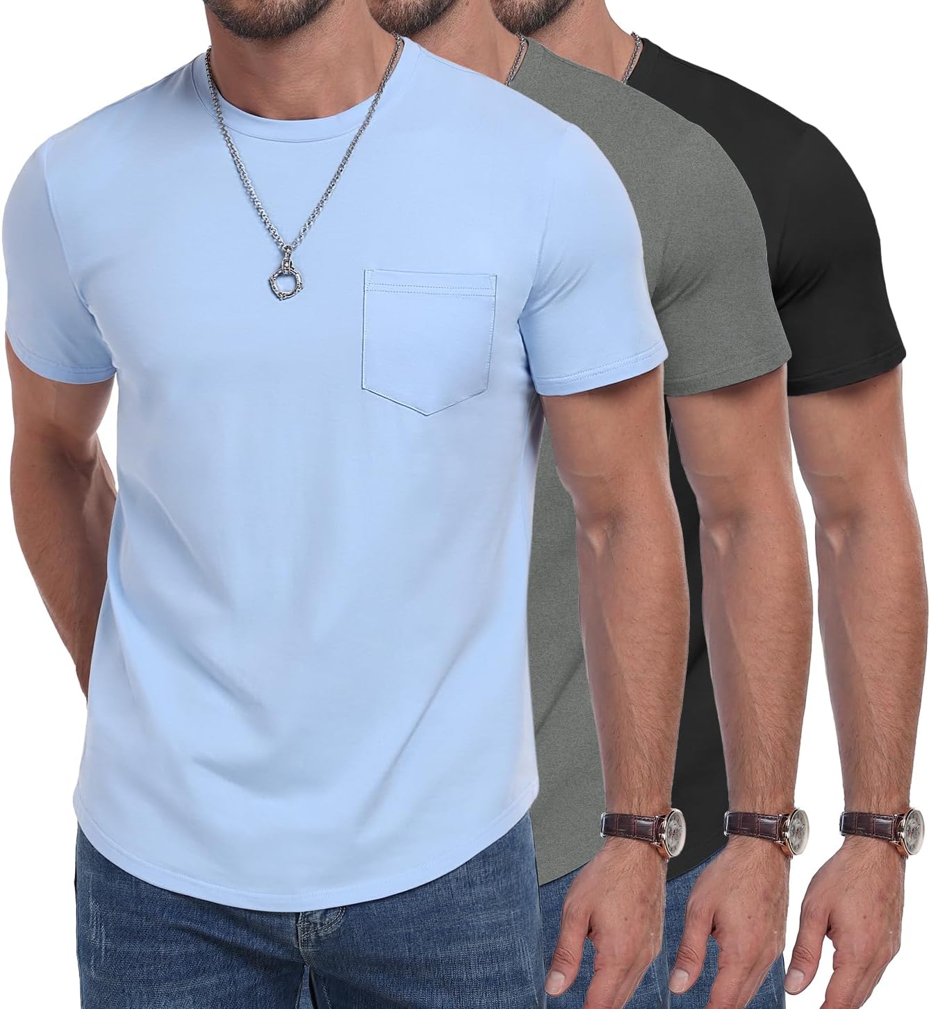 3 Pack Mens Cotton T Shirts Short Sleeve Crewneck Shirts for Men Pocket Tshirts Casual Lightweight Summer Basic Tees
