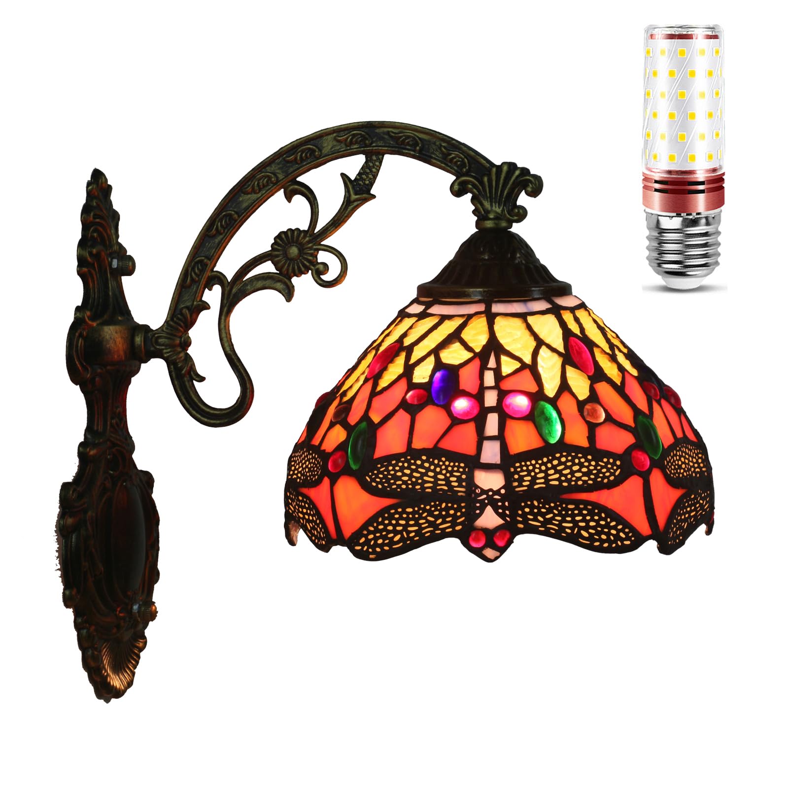 Uziqueif Tiffany Wall Sconces, 8 Inches Wide Tiffany Style Stained Glass Dragonfly Wall Lamp Wall Light Fixtures for Hallway Stairway Bedroom Cinema Home Office Decor, Dragonfly