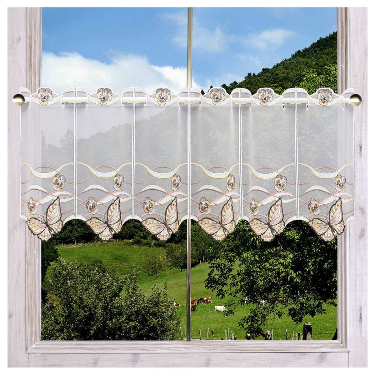 Bestickte Scheibengardine Schmetterling gelb-braun mit hochwertiger Plauener Stickerei 55 x 80 cm