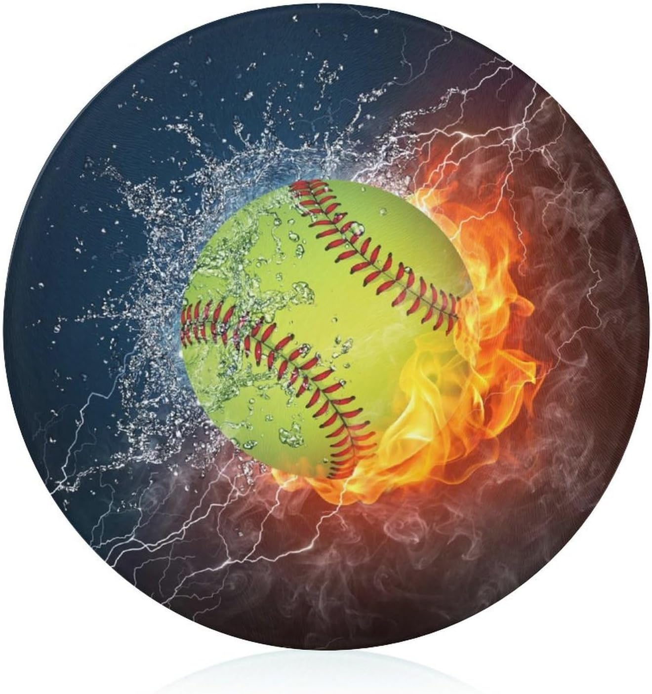 Orange Softball Baseball on Fire And Water Round Tempered Glass Chopping Board, 7.9 Inch Non-slip Worktop Saver, Heat & Scratch Resistant Easy Clean Cutting Board for Home Kitchen Food Prep And Campin