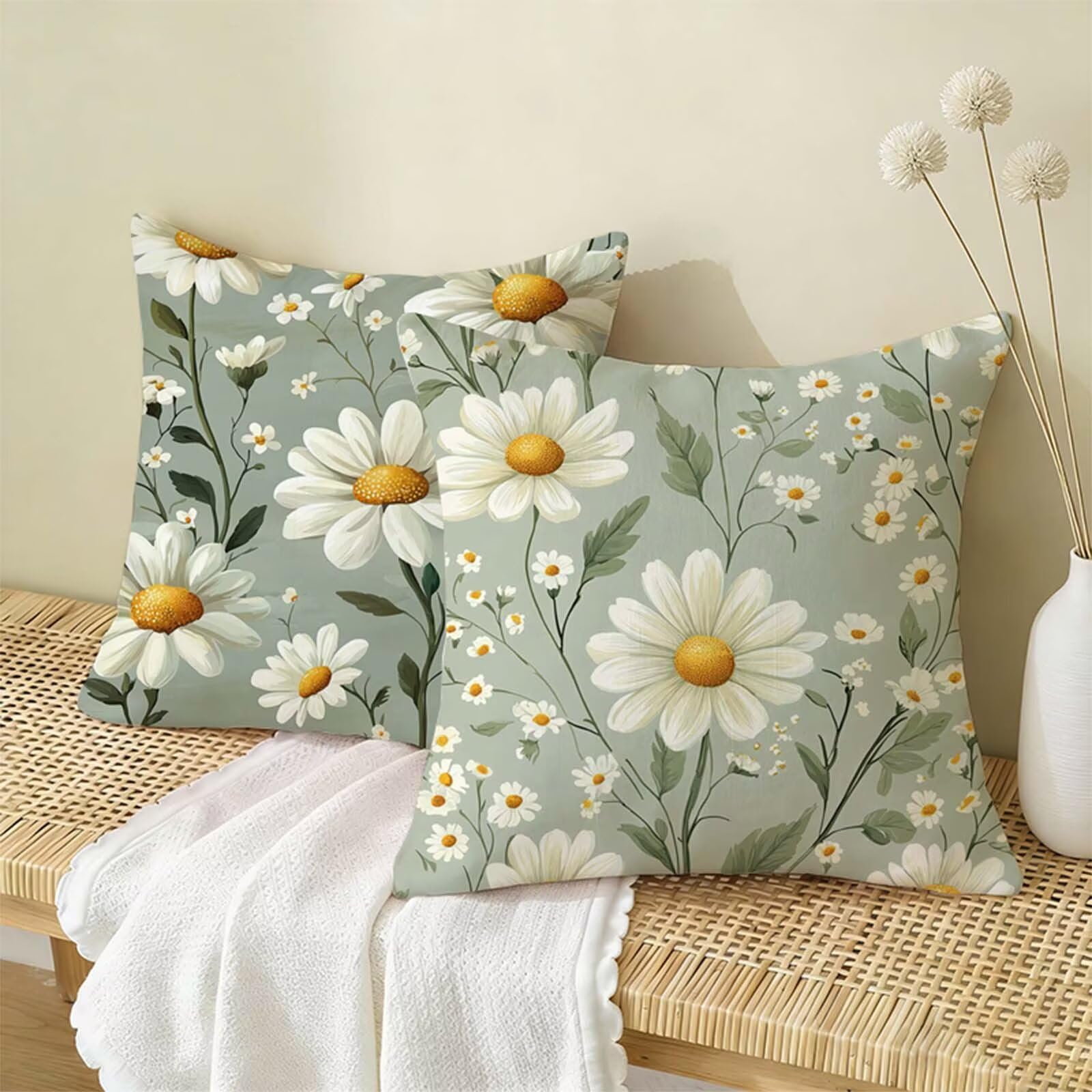 Poszewki na poduszki w kwiaty 80 x 80 cm, zestaw 2 szt., kolor kaczego jajka, poszewki na poduszki, dwustronne, zabawne, trwałe, można prać w pralce, do salonu, idealna dekoracja domu, prezent X-110