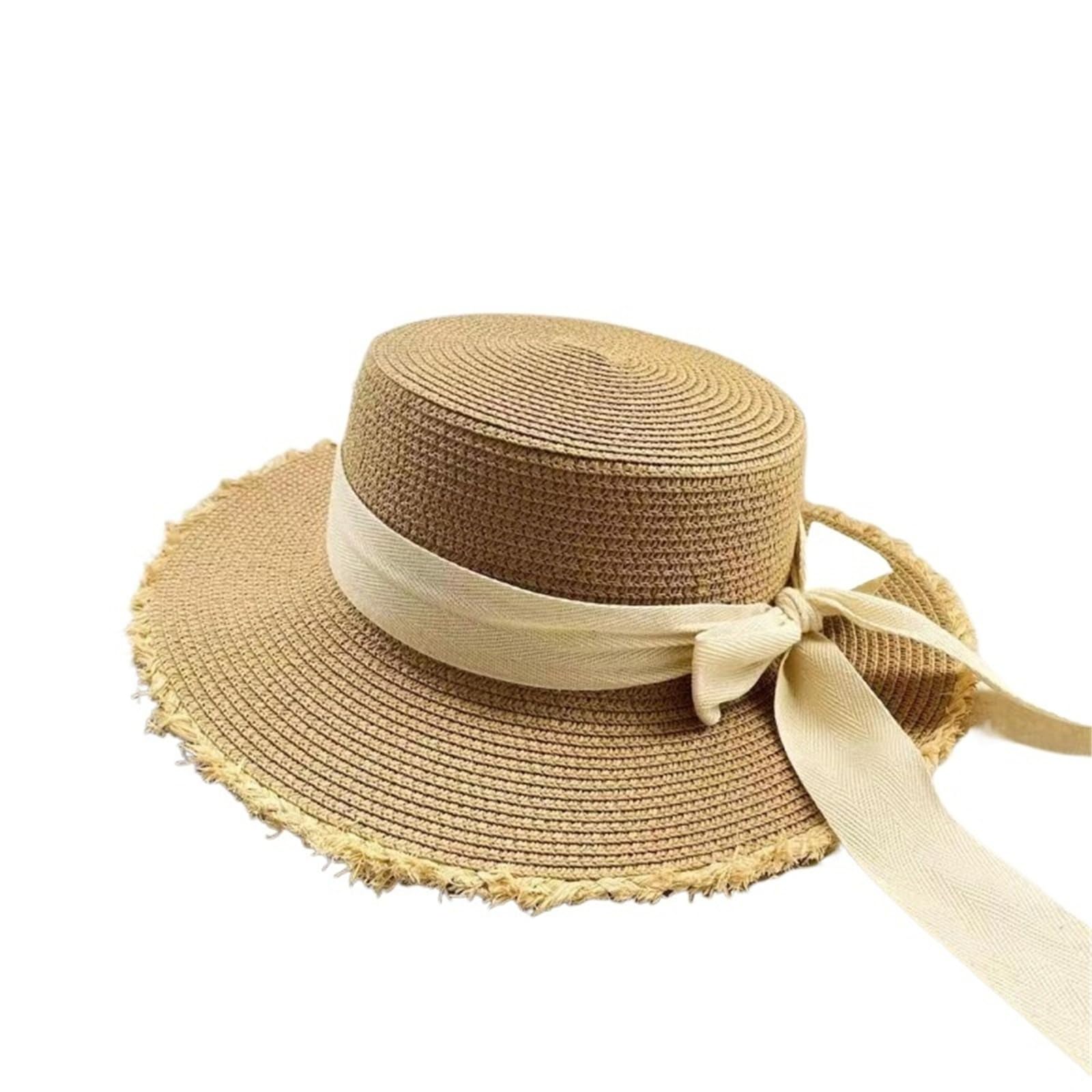 Sombrero Paja Verano Pajarita Correa Sombrero de Paja Mujer al Aire Libre ala Ancha Sol Playa Vacaciones protección UV Mujeres densas | 1-Khaki White