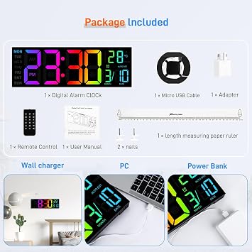 16'' Digital Wall Clock large display with Remote Control LED Dual Alarm Clocks with 8 RGB Colors - Lights Adjustable Brightness - Date-Auto DST - Temperature Memory Function - for Home, Gym, Office
