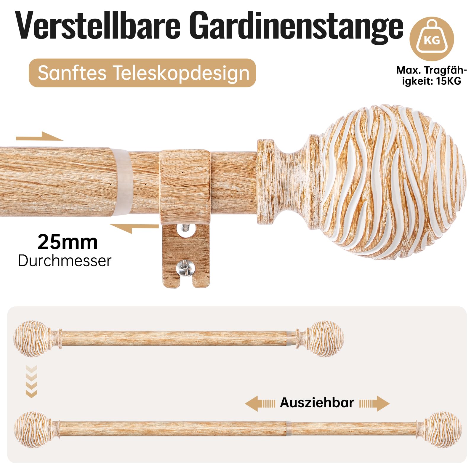 Gardinenstange Hellbraun 76–381 cm, Vorhangstange Ø 25 mm | Ausziehbare Vorhangstange, Metall mit Holzoptik, Wand/Deckenmontage