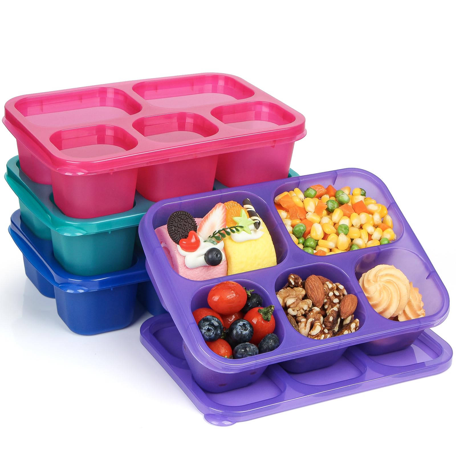 LunbxxBento Box Adult - Snack Box Containers 4 Pack, 5 Compartment Lunchables Containers for Kids/Adults, Meal Prep Container Reusable for School, Work, and Travel (Colorful)
