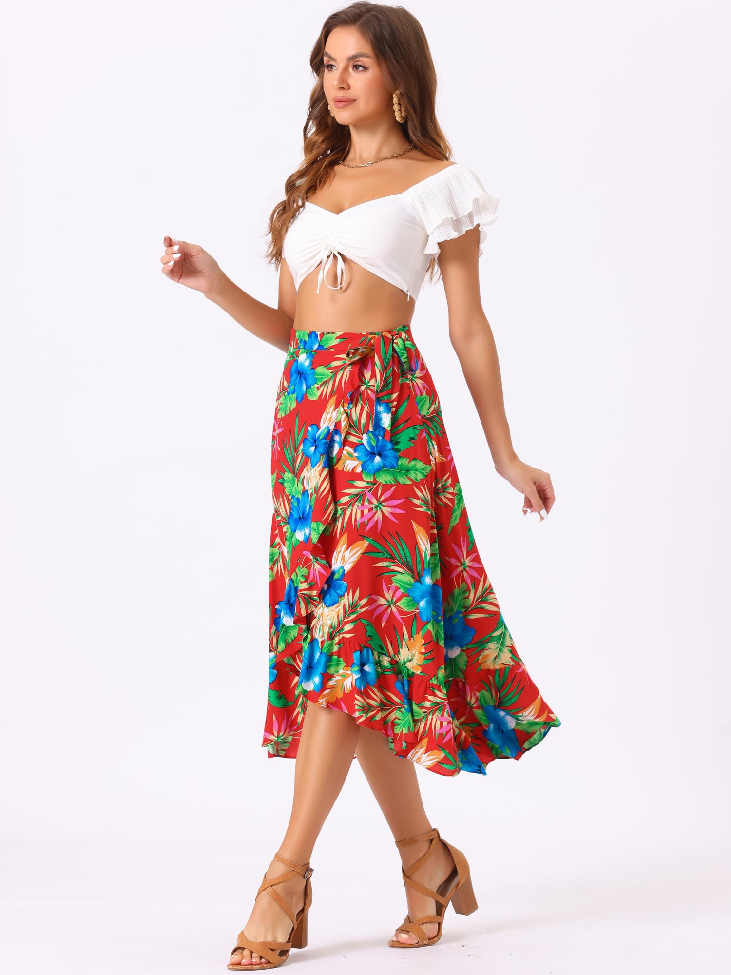 Allegra K Jupe portefeuille hawaïenne pour femme avec imprimé floral tropical et nœud à nouer soi-même