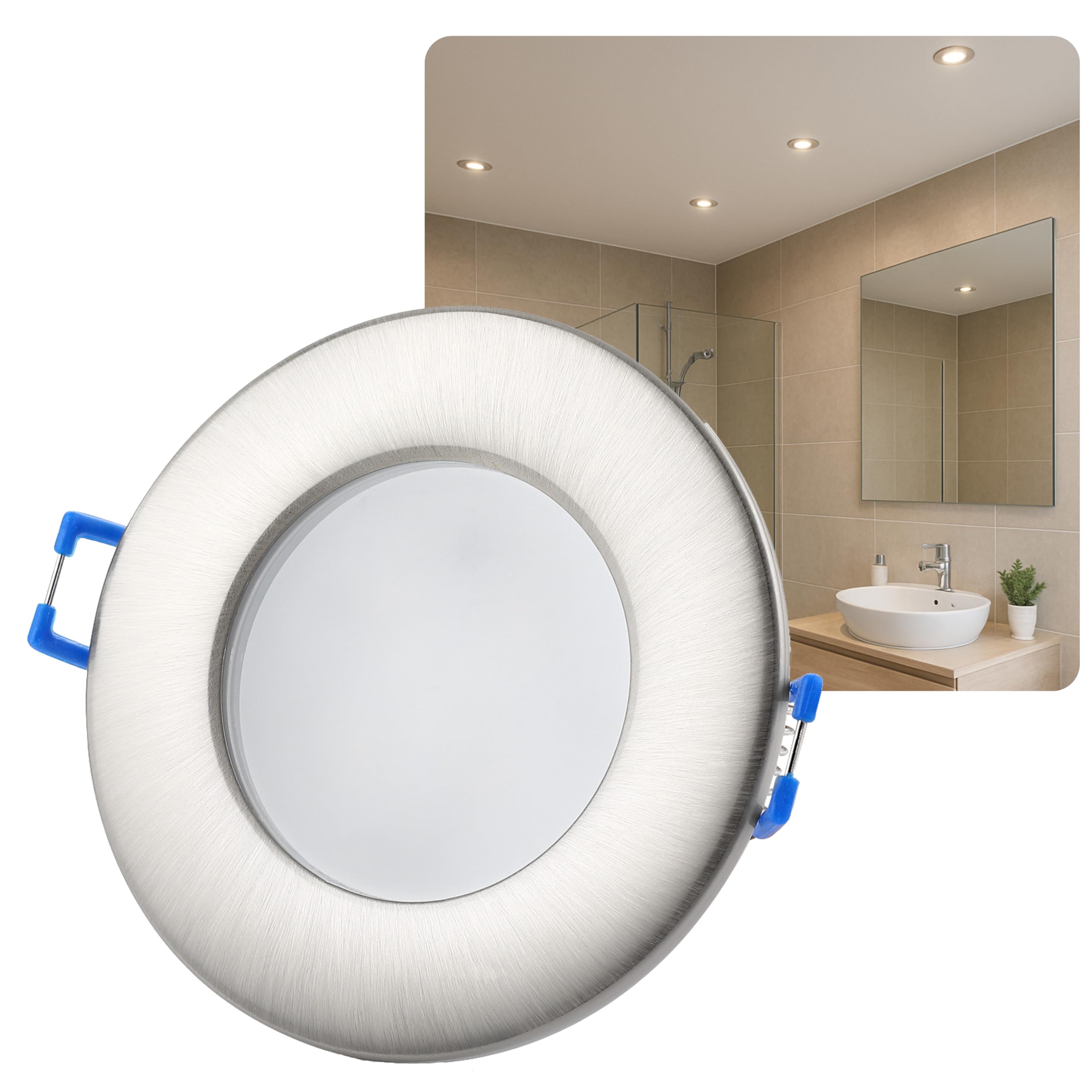 Sweet Led 10er Set LED Einbaustrahler 230V IP44 Dimmbar – Flach 6,5W Spots 3000K Warmweiß – 580lm – Deckenstrahler Ø68mm – Badezimmer Küche Feuchtraum geeignet