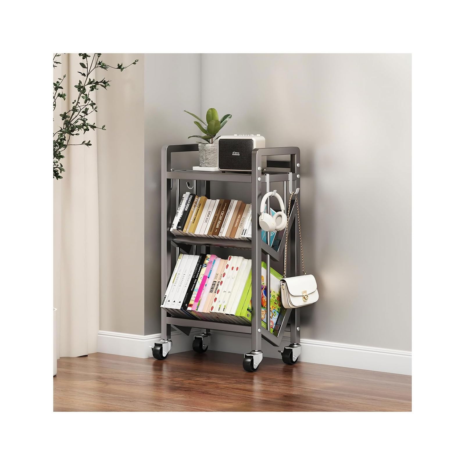 Book Carts with Wheels, Library Rolling Book Cart 2/3/4/5 Tier Movable Bookshelf Mobile Large Capacity L-Shaped Carbon Steel Organizer Rack for Office, Home, Classroom(Gris,3 Tiers-19.7x9.8x32.1in)