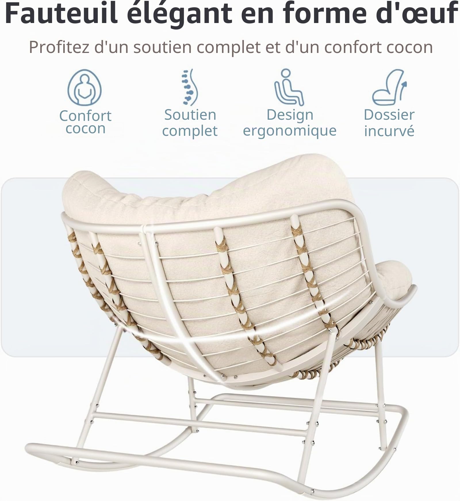 Chaise à bascule surdimensionnée en rotin tissé en forme d'œuf avec coussin, capacité de charge de 204 kg, utilisation en intérieur et en extérieur, pour balcon, salon, terrasse – Rotin polyéthylène
