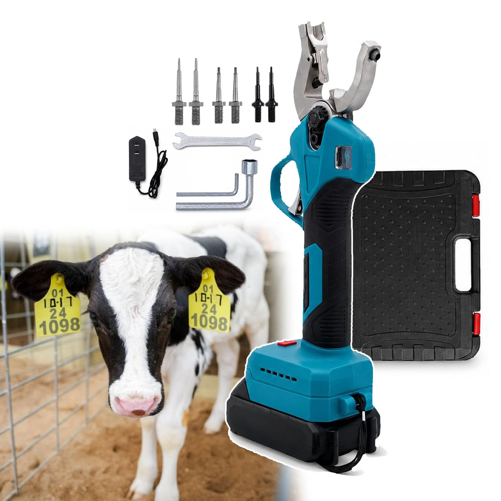 Herramienta para colocar etiquetas de ganado, alicates eléctricos para etiquetas de oreja, conteo/visualización automáticos, rebote automático, incluye 2 baterías+agujas de repuesto,Blue