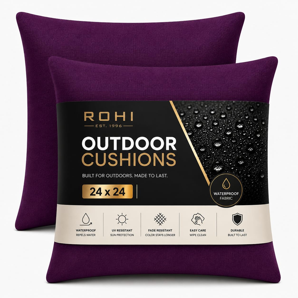 Rohi Waterproof Outdoor Cushion 2 Pack Filled – Decorative Waterproof Cushions for Garden, Patio, Couch, Tent, Balcony and Sofa (Purple, 24" x 24")