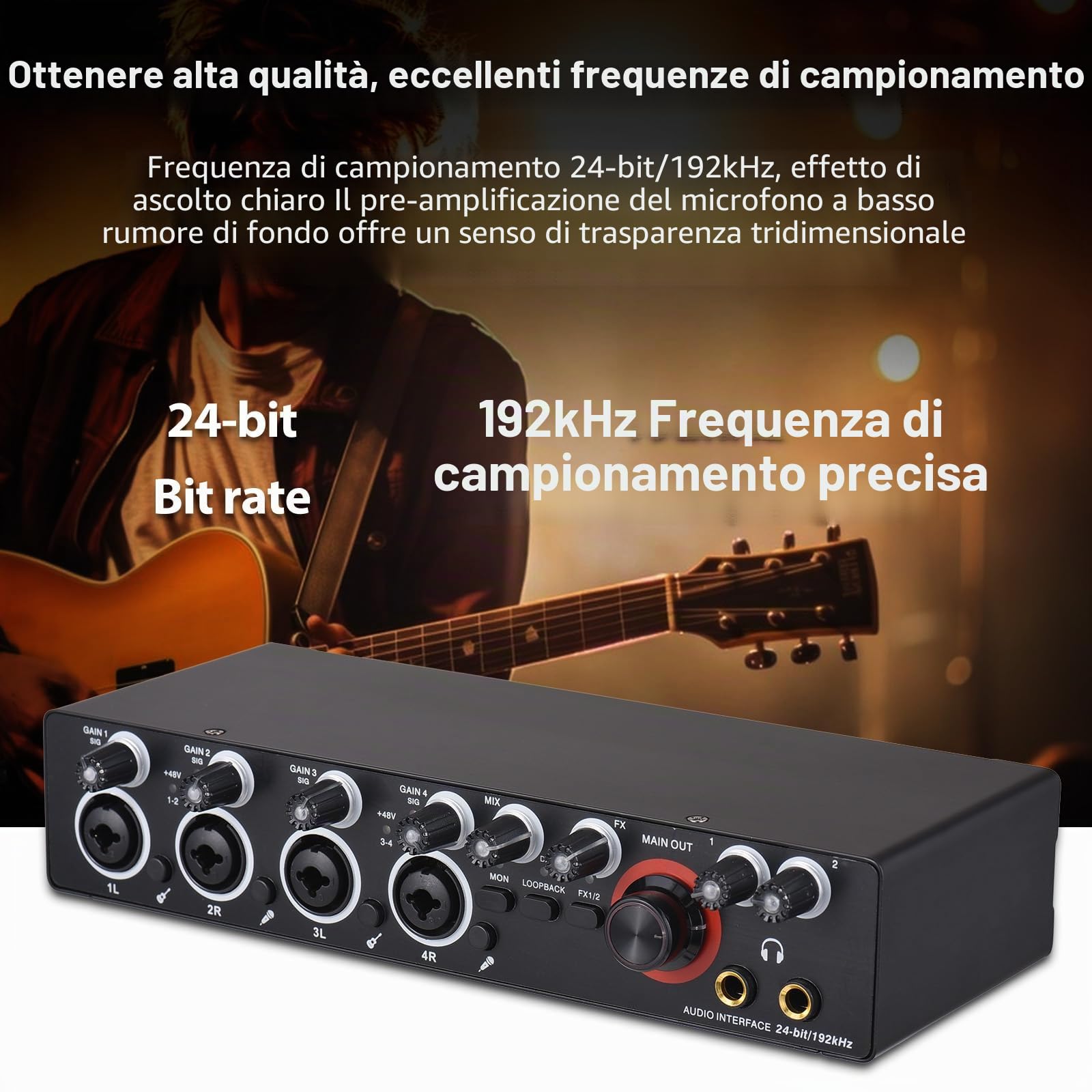 Scheda audio con interfaccia USB a 4 canali con alimentazione phantom da 48 V, 2 ingressi e 2 uscite, 24 bit 192 kHz per registrazione professionale, karaoke dal vivo, streaming, performance DJ e