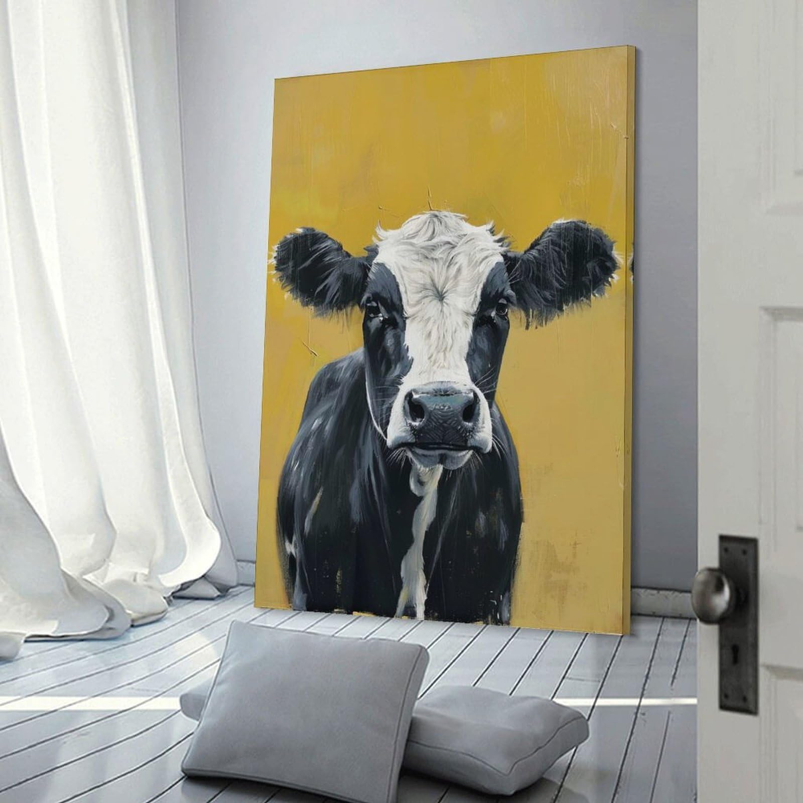 Junmoney Frame-Style-19 Black And White Cow Portrait Wall Decor Canvas Print, 20X30inch(50X75cm), For Flats, Guest Rooms Or Compact Rooms, A Simple Refresh For Blank Walls