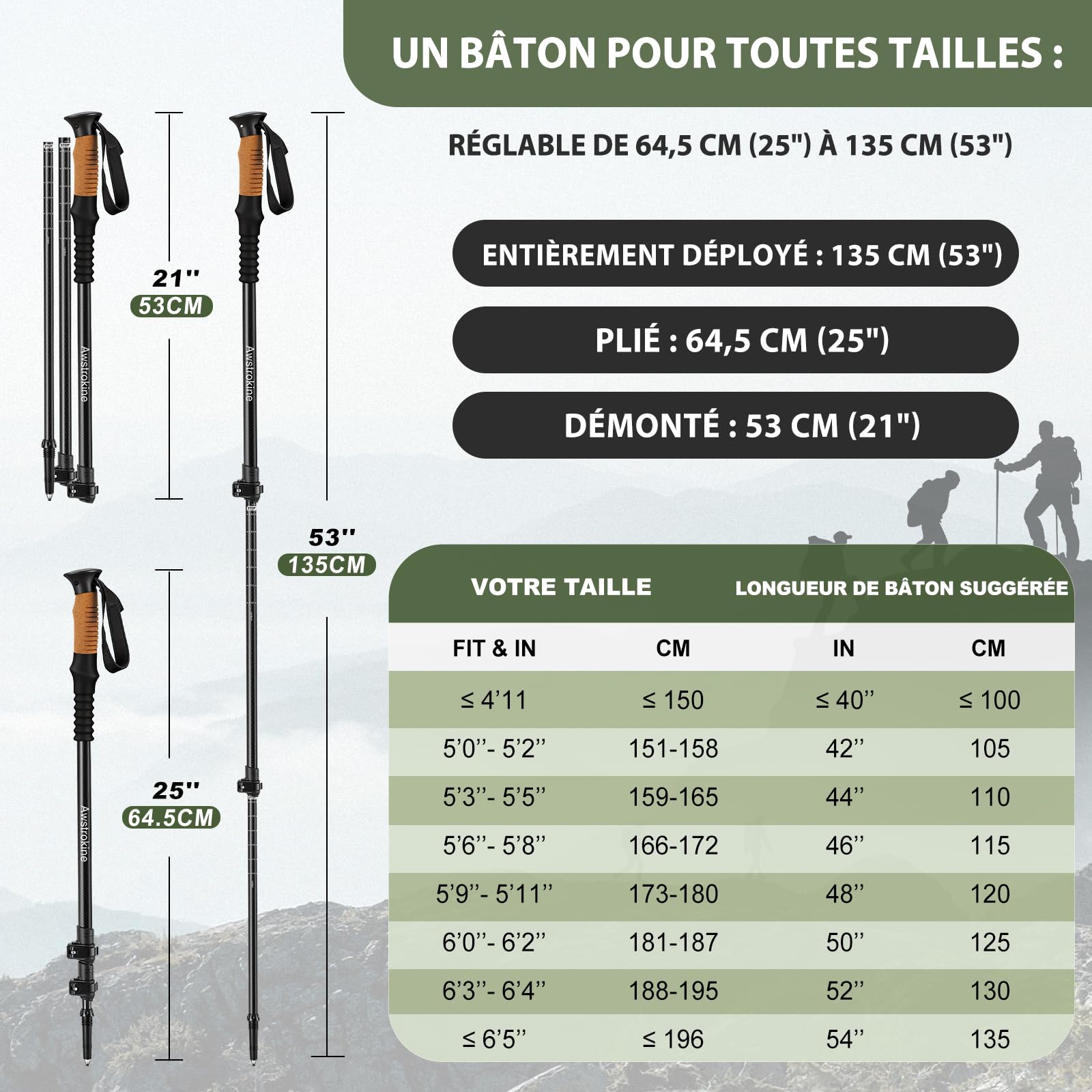 Lot de 2 Bâtons de Randonnée 100% Fibre de Carbone - Trekking Ultra Légers et Robustes avec Fermeture Rapide - Accessoires Tout-Terrain pour Hommes et Femmes