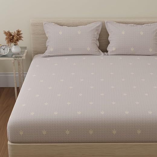HUESLAND by Ahmedabad Cotton 144 TC Cotton Bedsheets King Size Bed with 2 Pillow Covers | 108x108 inches | Oat Brown &amp; White